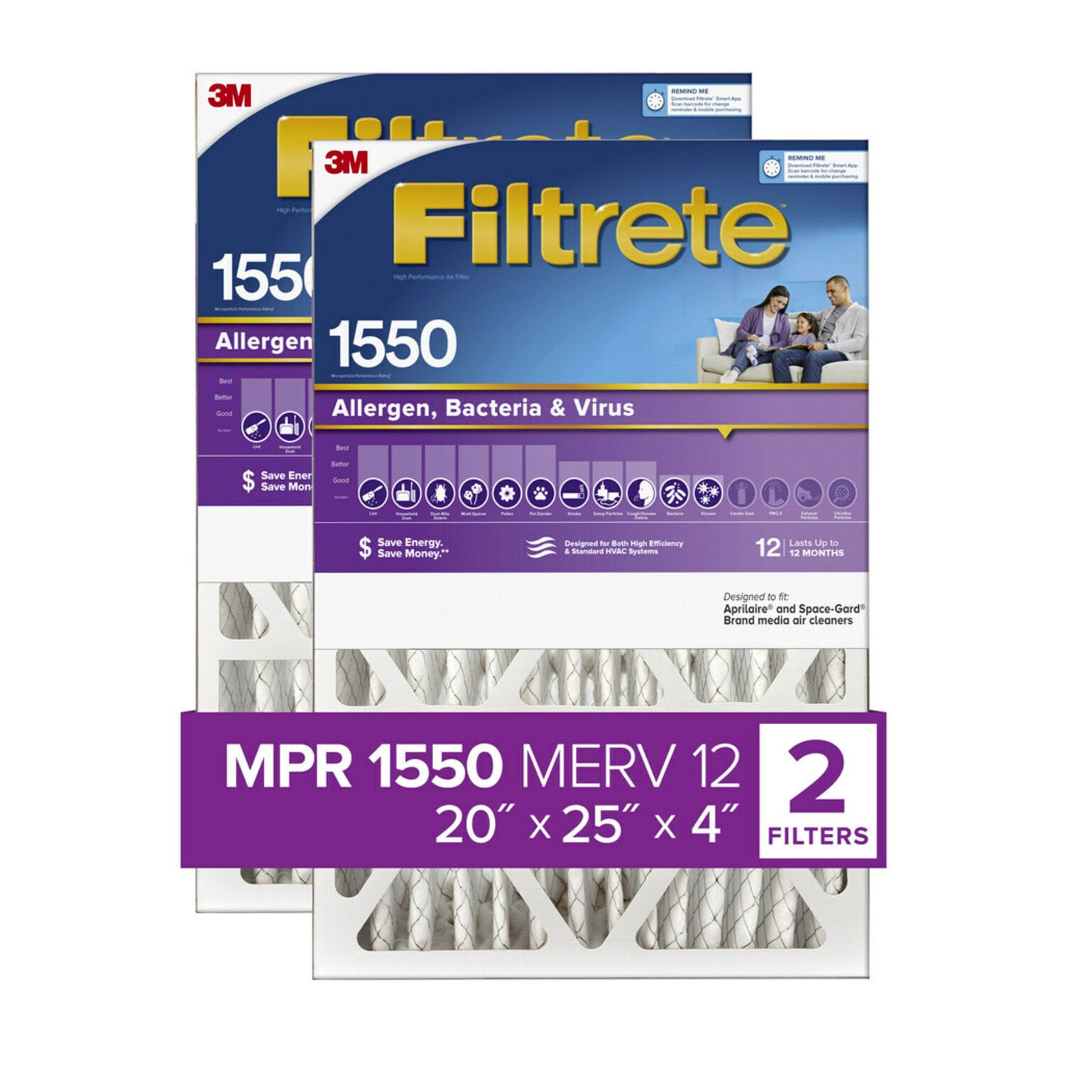 7100268060 - Filtrete High Performance Air Filter 1550 MPR NDP03-4S2PK-1E, 20 in x 25 in x 4 in (50.8 cm x 63.5 cm x 10.6 cm)
