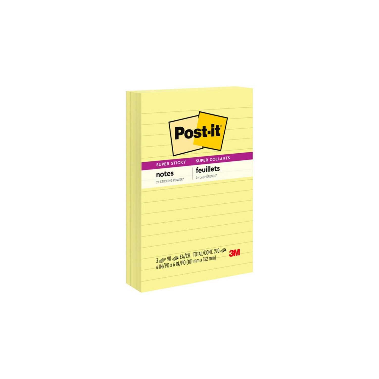 7100230247 - Post-it Super Sticky Notes 660-3SSCY, 4 in x 6 in (101 mm x 152 mm), Canary Yellow