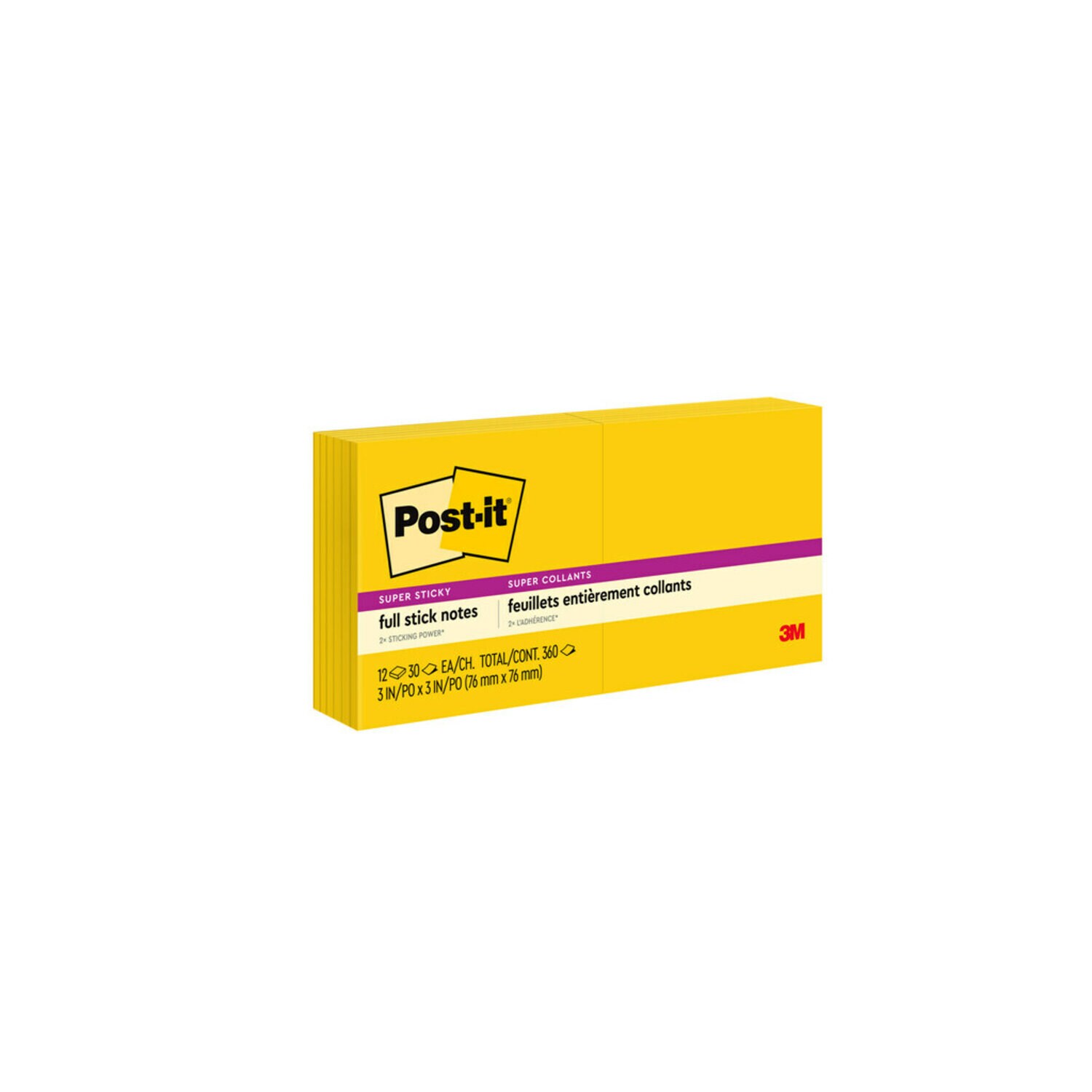 7100229948 - Post-it Super Sticky Full Stick Notes F330-12SSY, 3 in x 3 in (76 mm x 76 mm), 3M Yellow