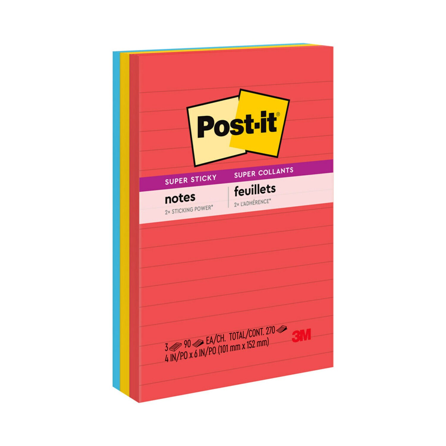 7010332775 - Post-it Super Sticky Notes 660-3SSAN, 4 in x 6 in (101 mm x 152 mm), Playful Primaries Collection, Lined, 3 Pads/Pack