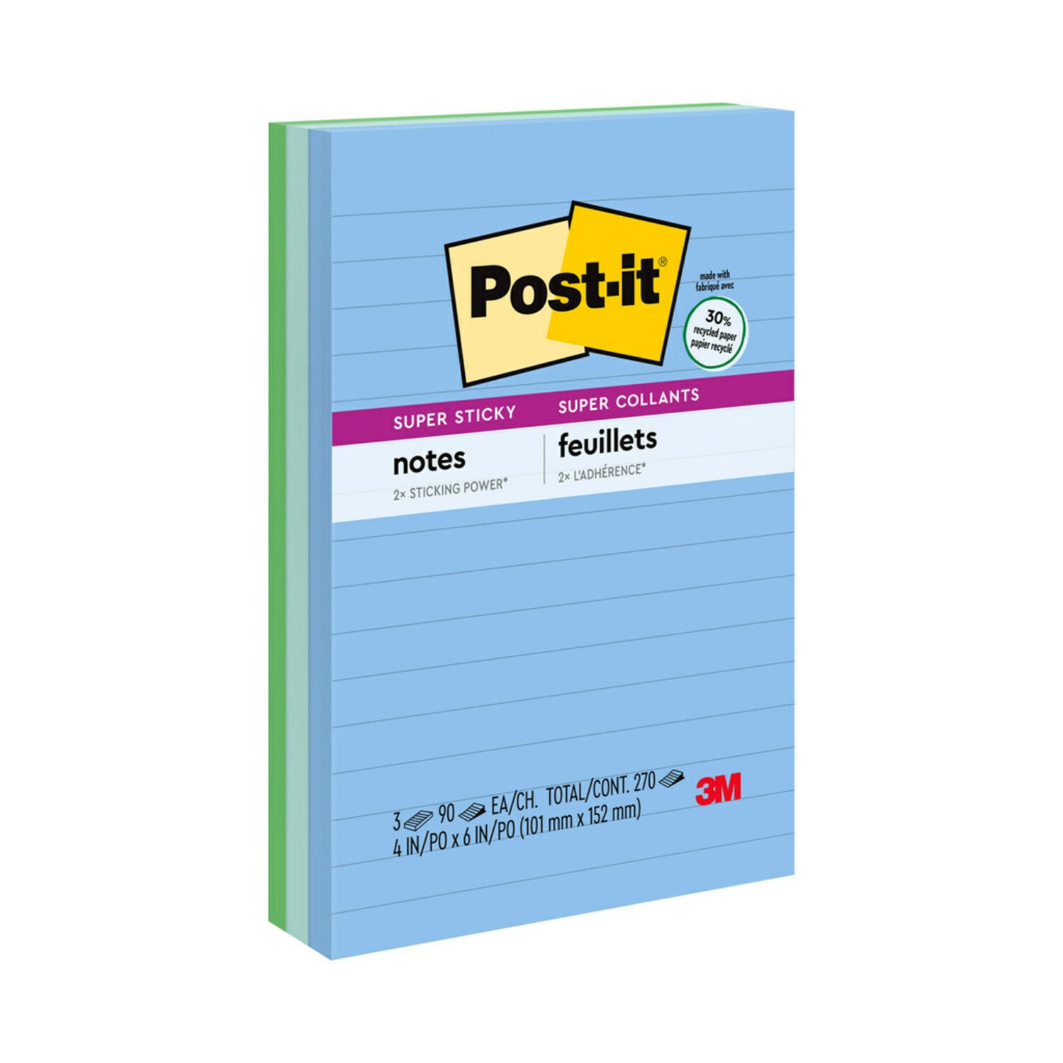 7010311470 - Post-it Super Sticky Recycled Notes 660-3SST, 4 in x 6 in (101 mm x 152
mm) Bora Bora Collection, Lined, 3 Pads/Pack