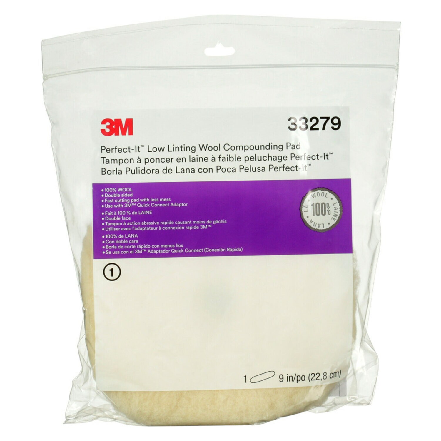 7100145353 - 3M Perfect-It Low Linting Wool Compounding Pad, 33279, 9 in, 6 per
case