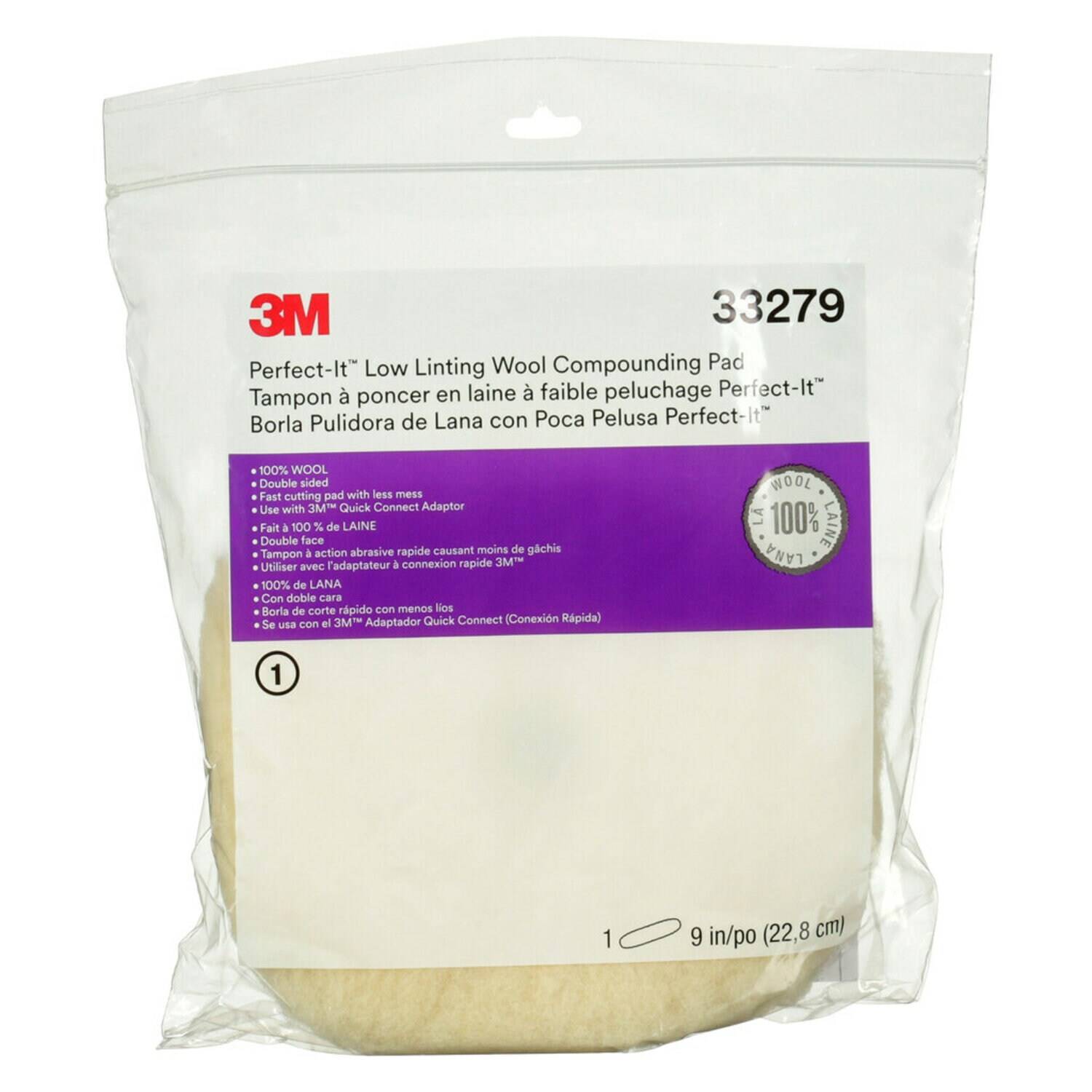 7100145353 - 3M Perfect-It Low Linting Wool Compounding Pad, 33279, 9 in, 6 per case