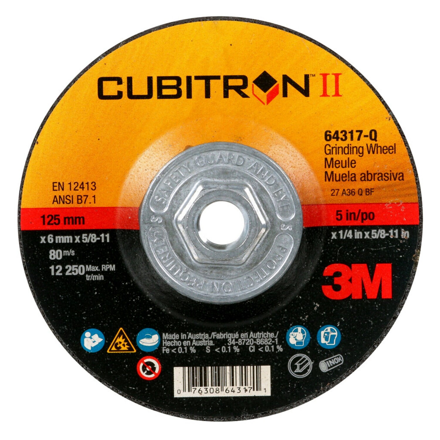 7100244819 - 3M Cubitron II Depressed Center Grinding Wheel, 64317, Quick Change,
Type 27, 5 in x 1/4 in x 5/8"-11, 10/Carton, 20 ea/Case