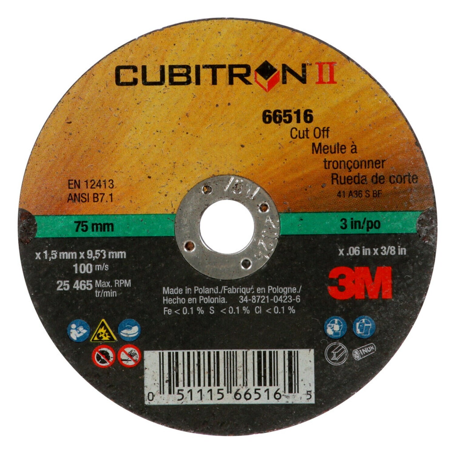7000119639 - 3M Cubitron II Cut-Off Wheel, 66516, 60, Type 1, 3 in x 0.06 in x 3/8 in, 25/Carton, 50 ea/Case