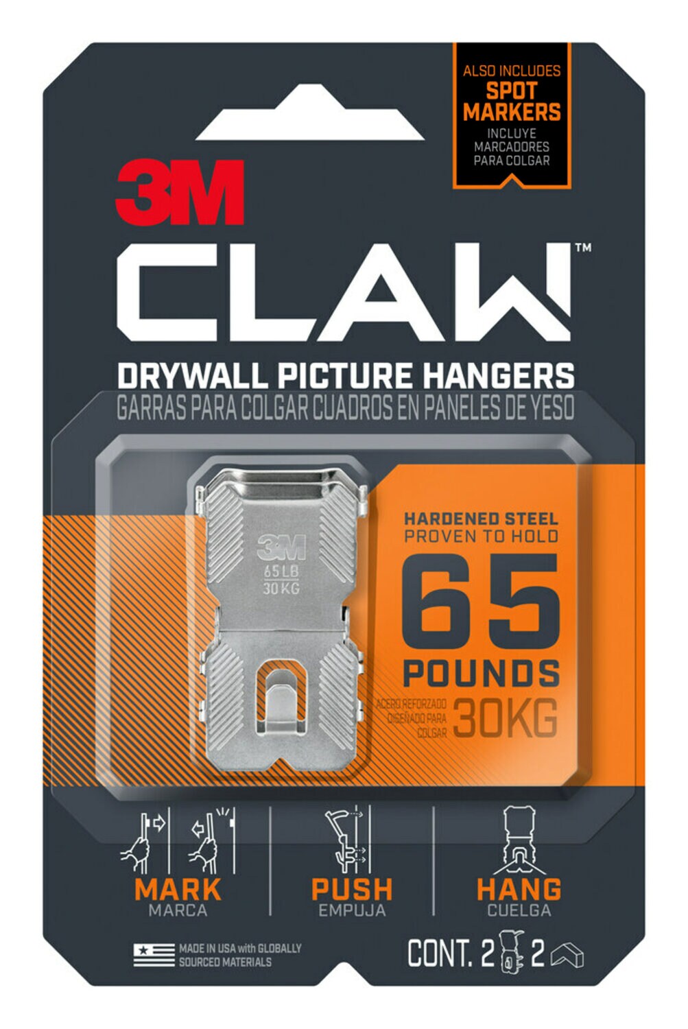 7100240633 - 3M CLAW 65lb Drywall Picture Hangers with Spot Markers 3PH65M-2ES