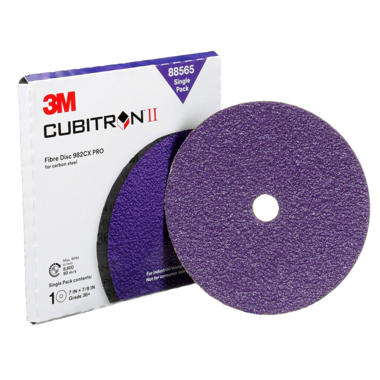 7100253451 - 3M Cubitron II Fibre Disc 982CX Pro, 36+, 4-1/2 in x 7/8 in, Die 450E,
Single Pack, 10 ea/Case