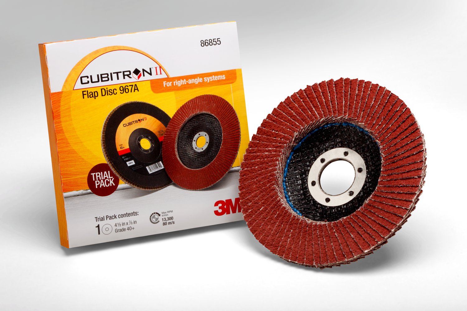 7100094358 - 3M Cubitron II Flap Disc 967A, 40+, T27, 4-1/2 in x 7/8 in, 10 ea/Case, Single Pack