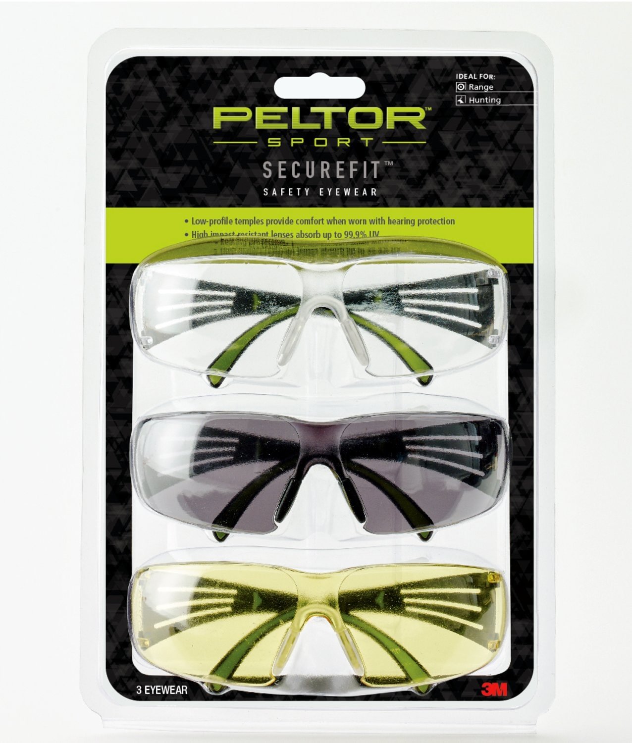 7100130341 - Peltor Sport SecureFit Safety Eyewear, SF400-P3PK-6, 3 Pack: Clear +
Amber + Gray Lenses, AF, 6pk/cs