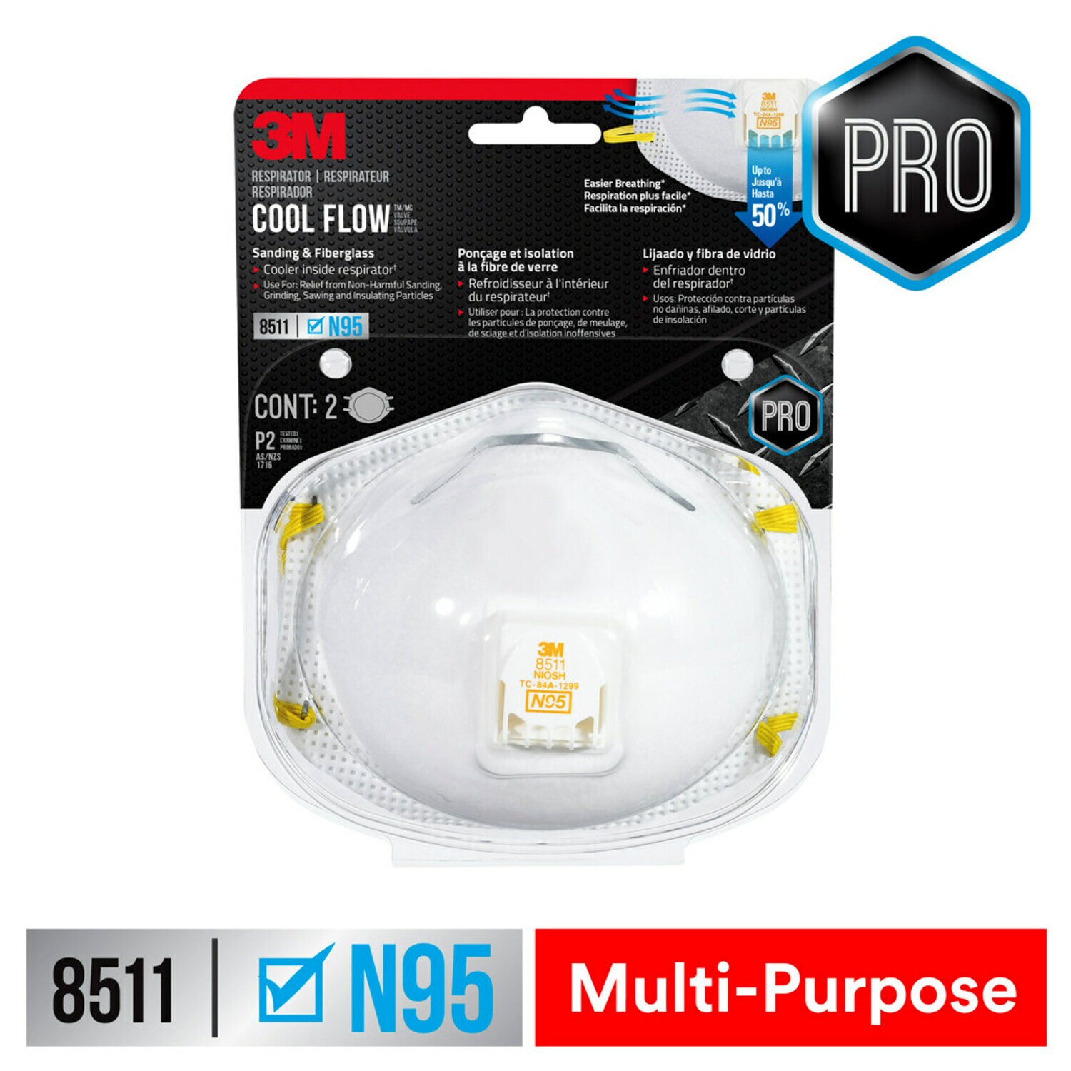 7100117526 - 3M Sanding and Fiberglass Valved Respirator 8511H2-DC-PS, 2 ea/pk, 6 pks/cs