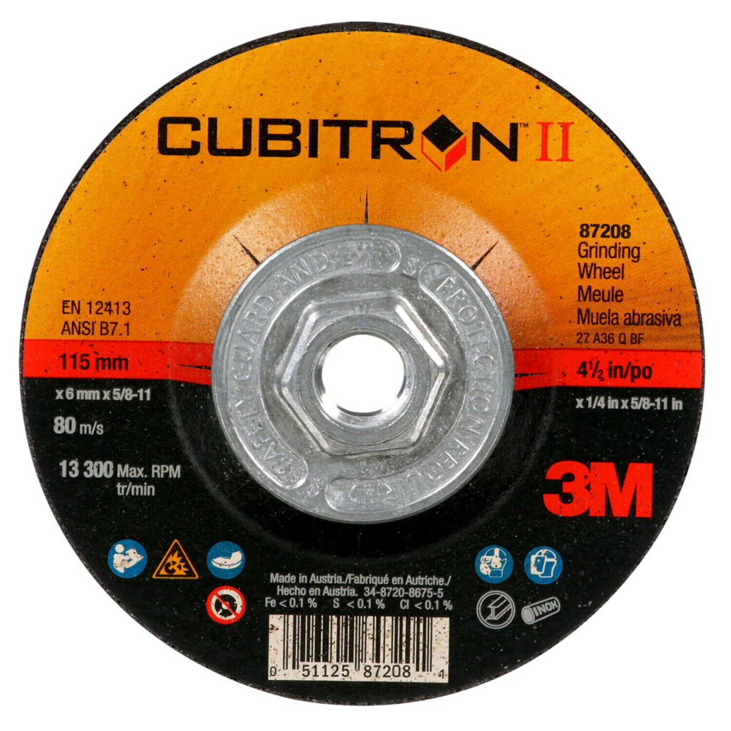 7100259904 - 3M Cubitron II Depressed Center Grinding Wheel, 87208, Type 27, 4-1/2
in x 1/4 in x 5/8 in-11, 10 ea/Case, Single Pack