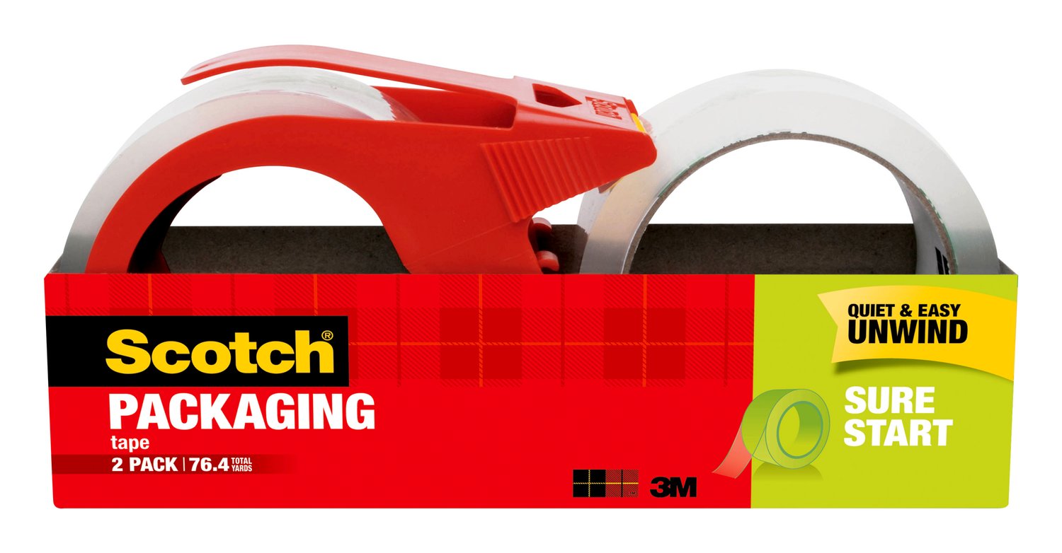 7100253155 - Scotch Sure Start Packaging Tape 3450S-21RD-3GC, 1.88 in x 38.2 yd (48 mm x 35 m), 2 rolls and 1 dispenser