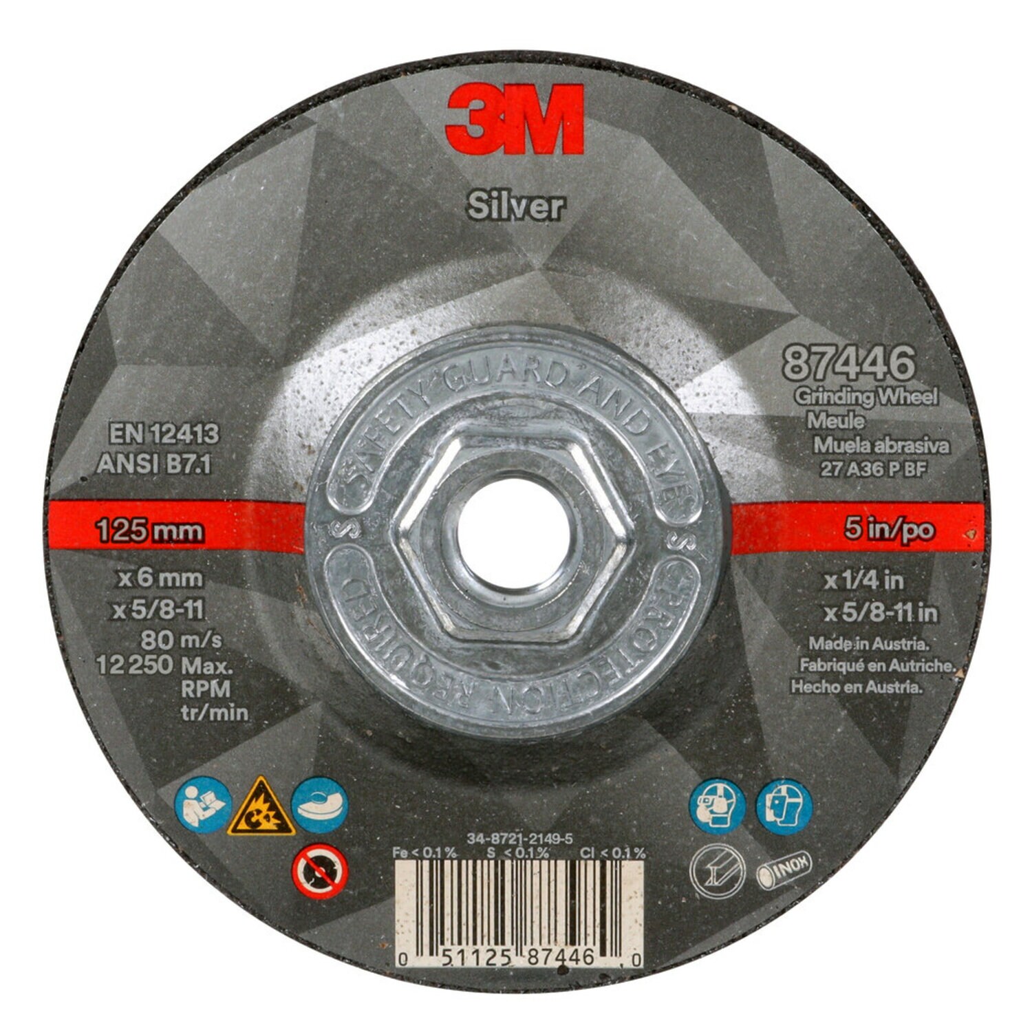 7100245020 - 3M Silver Depressed Center Grinding Wheel, 87446, 36+, T27 Quick Change, 5 in x 1/4 in x 5/8 in-11, 10/Carton, 20 ea/Case