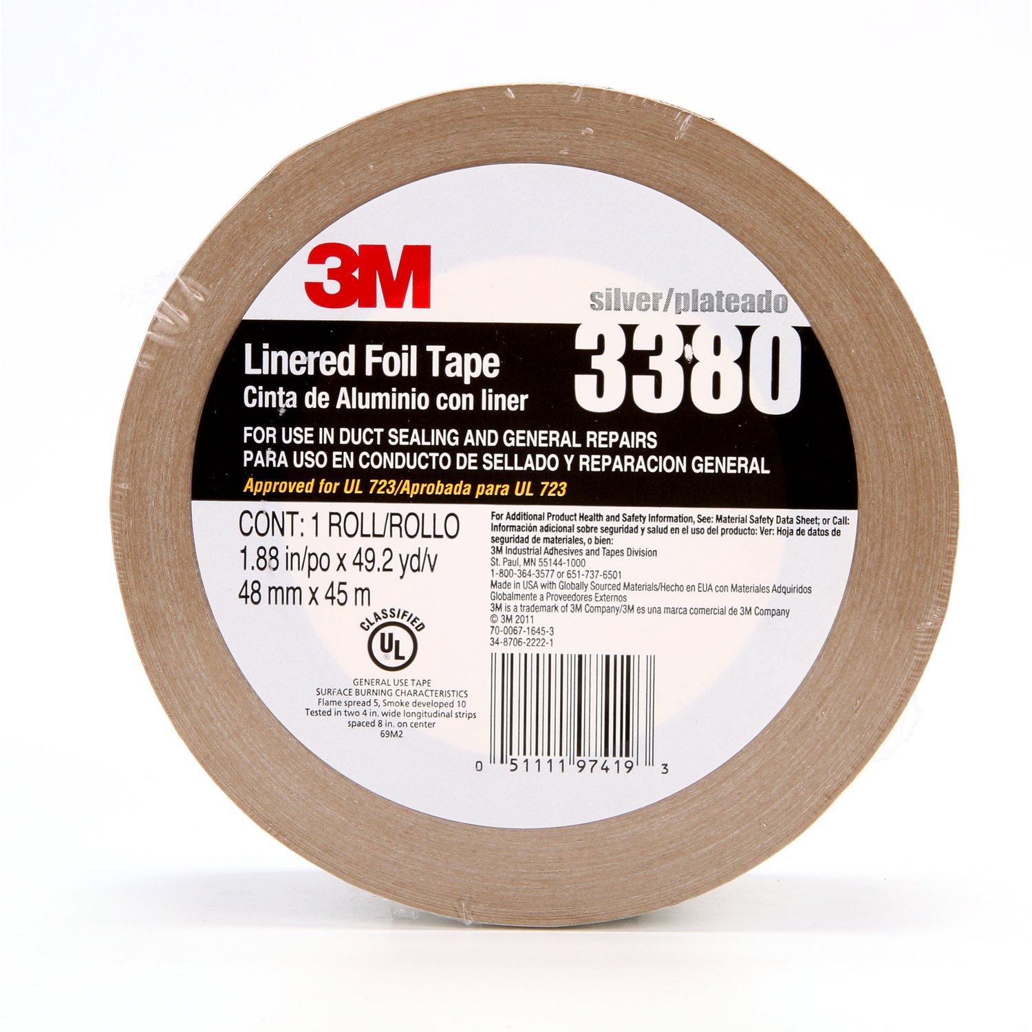 7000049613 - 3M Aluminum Foil Tape 3380, Silver, 48 mm x 45 m, 3.25 mil, 24 Rolls/Case