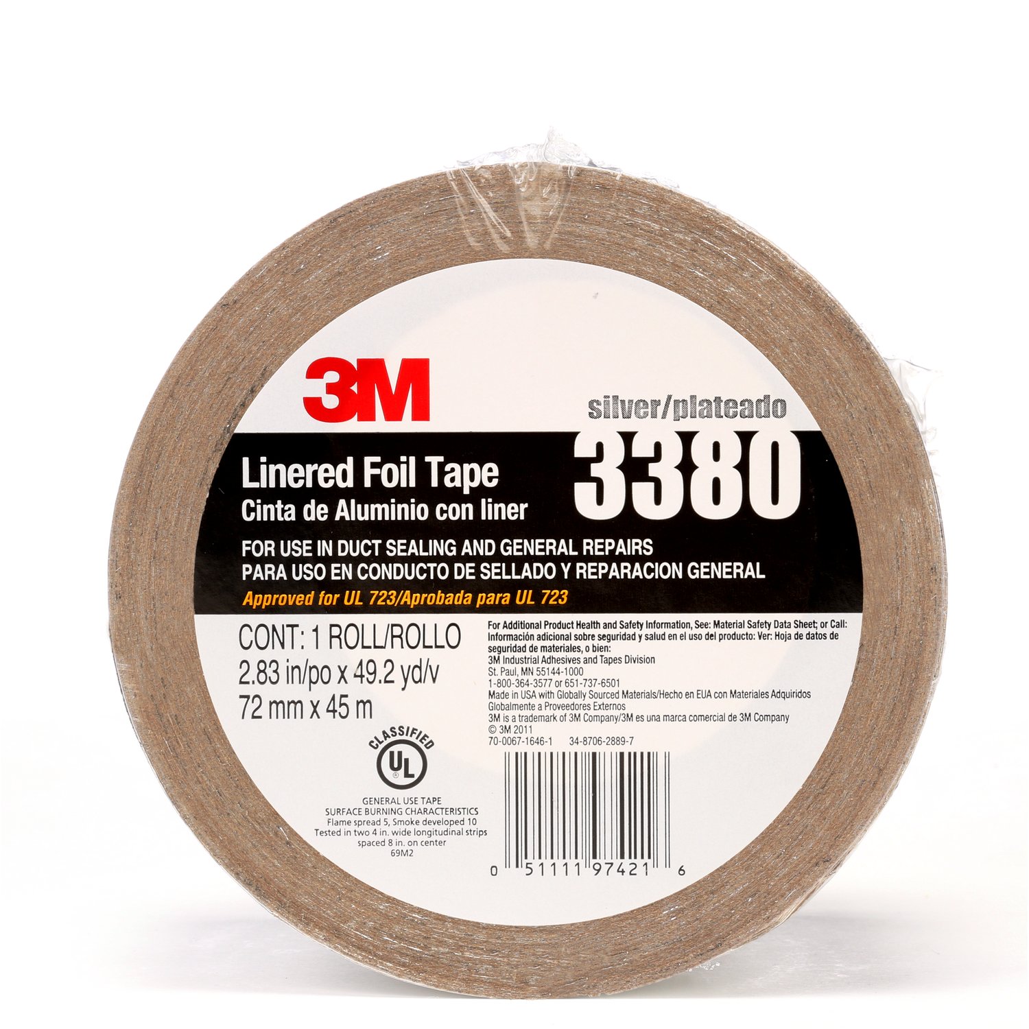 7010375681 - 3M Aluminum Foil Tape 3380, Silver, 72 mm x 45 m, 3.25 mil, 16
Rolls/Case