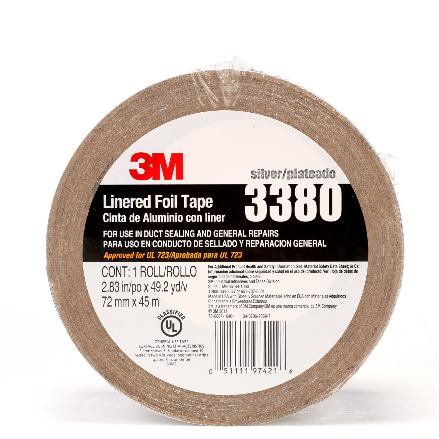 7010375681 - 3M Aluminum Foil Tape 3380, Silver, 72 mm x 45 m, 3.25 mil, 16 Rolls/Case
