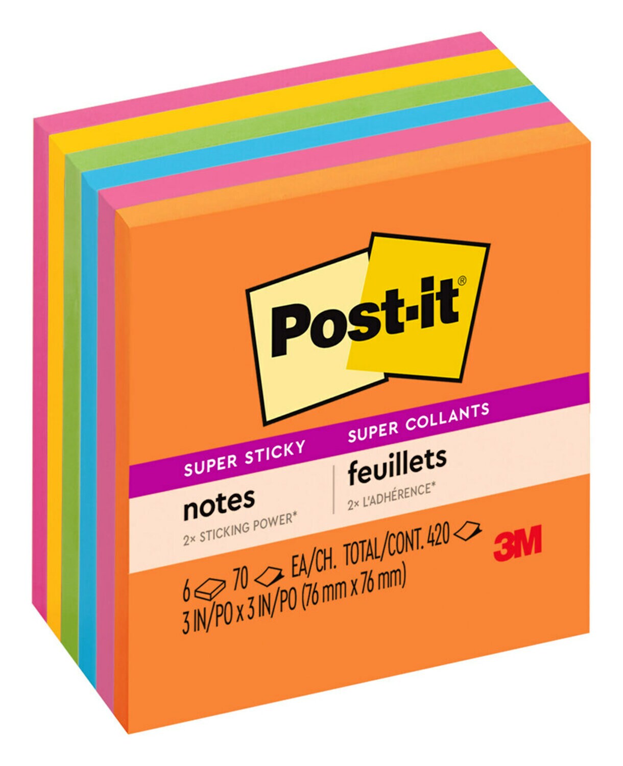 7100057827 - Post-it Super Sticky Notes 654-6SSAU, 3 in x 3 in (76 mm x 76 mm),6PDS,65 SHTS/PD, Energy Boost, 100% PEFC, SGSCH-PEFC-COC-110078