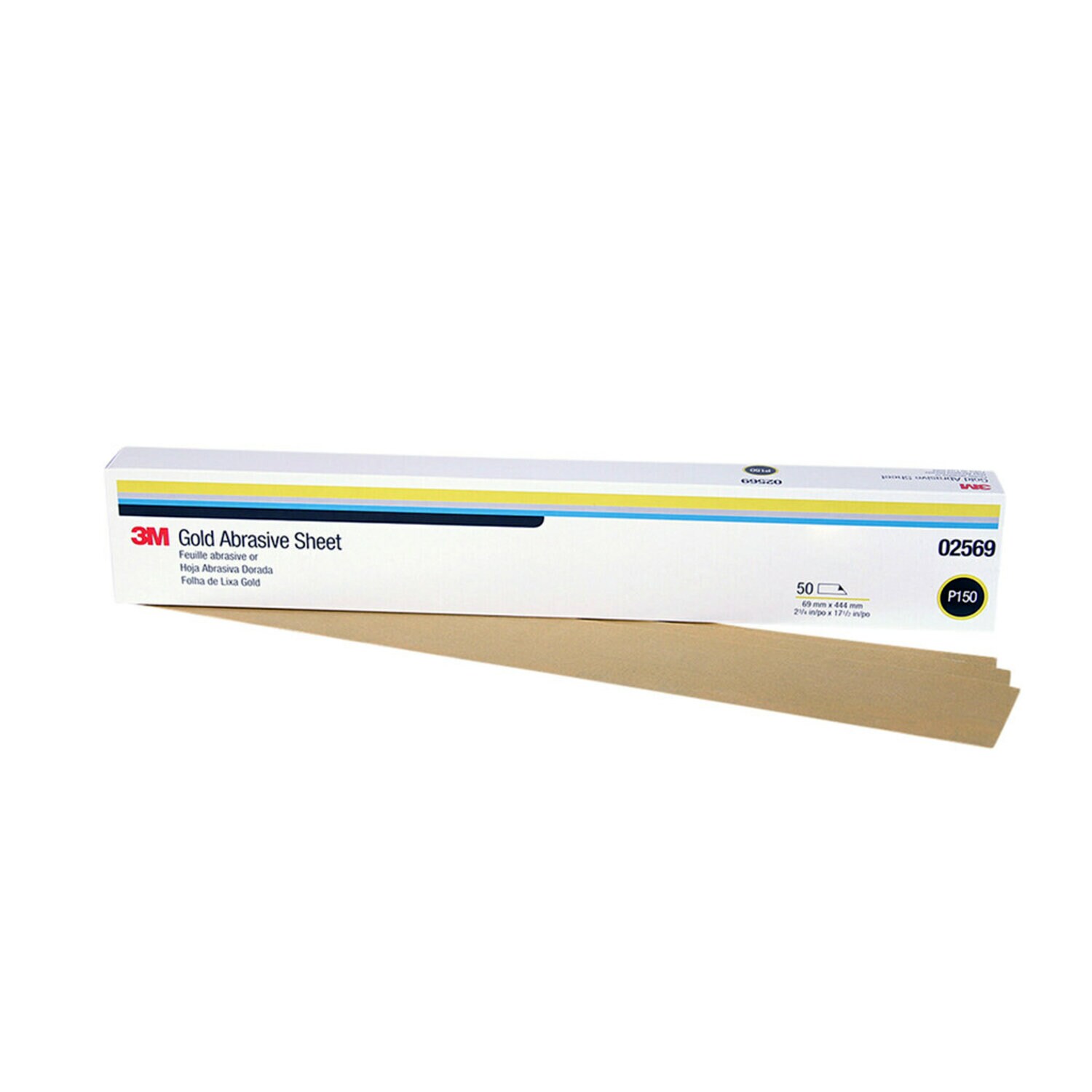 7010325646 - 3M Gold Abrasive Sheet, 02569, P150 grade, 2 3/4 in x 17 1/2 in, 50
sheets per sleeve, 5 sleeves per case