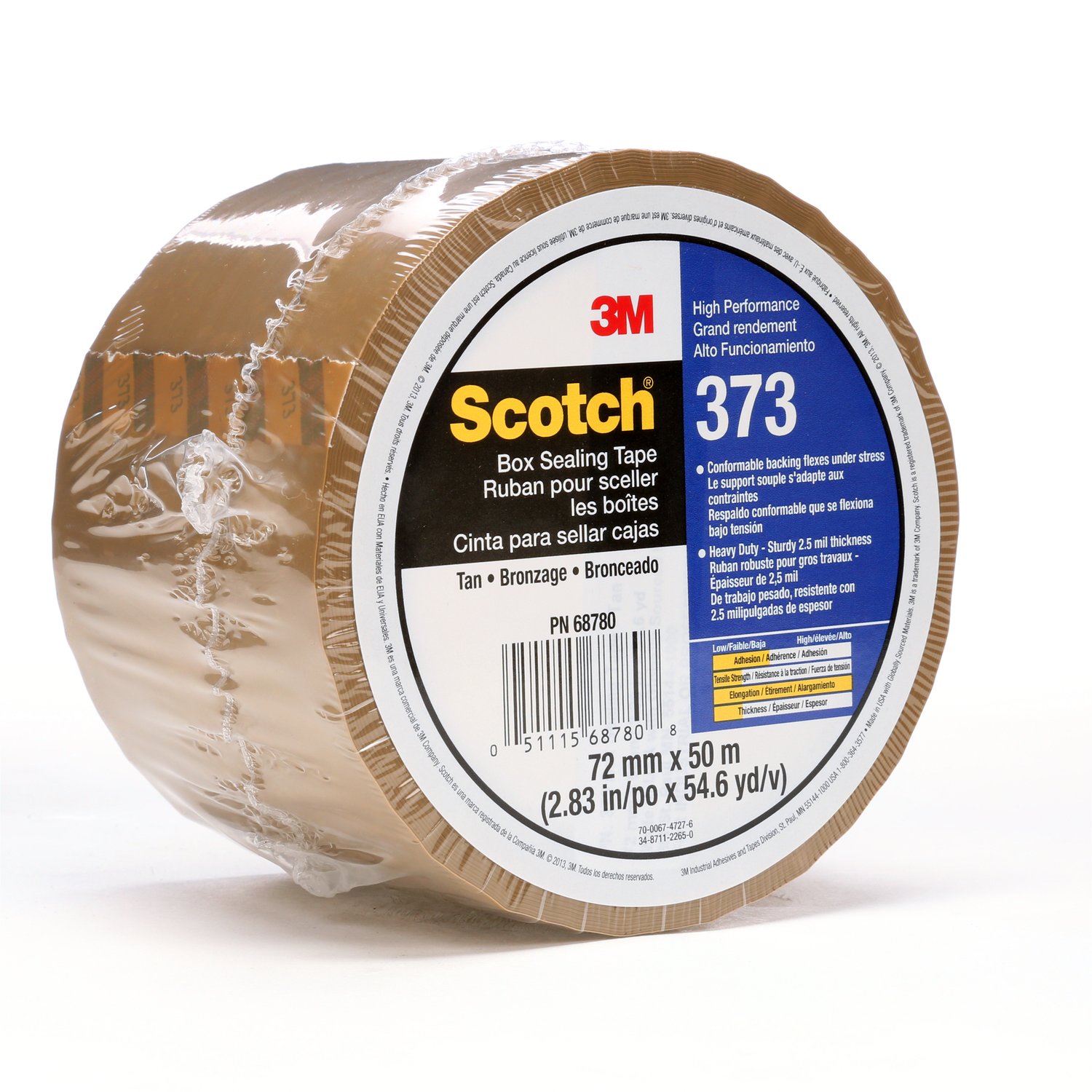 7010374965 - Scotch Box Sealing Tape 373, Tan, 72 mm x 50 m, 24/Case, Individually
Wrapped Conveniently Packaged