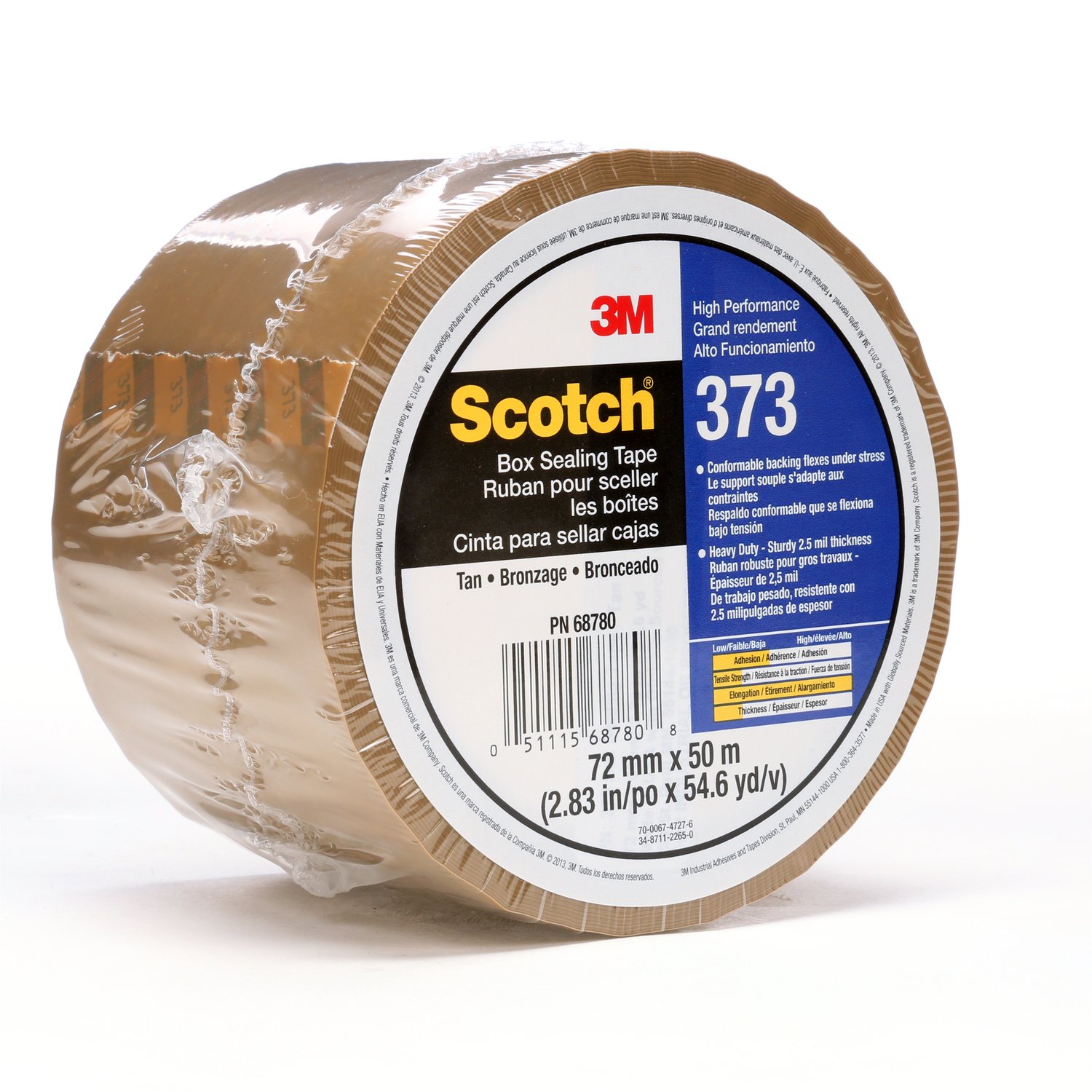 7010374965 - Scotch Box Sealing Tape 373, Tan, 72 mm x 50 m, 24/Case, Individually Wrapped Conveniently Packaged