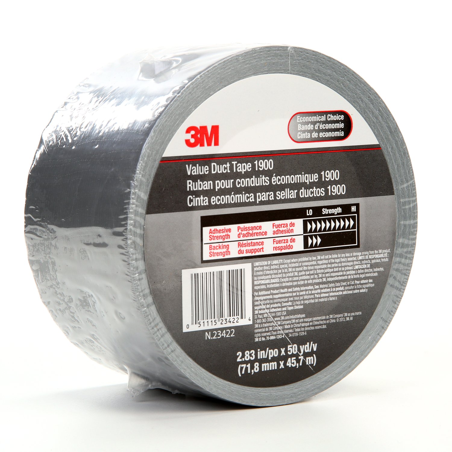 7000124256 - 3M Value Duct Tape 1900, Silver, 2.83 in x 50 yd, 5.8 mil, 12/Case, Individually Wrapped Conveniently Packaged
