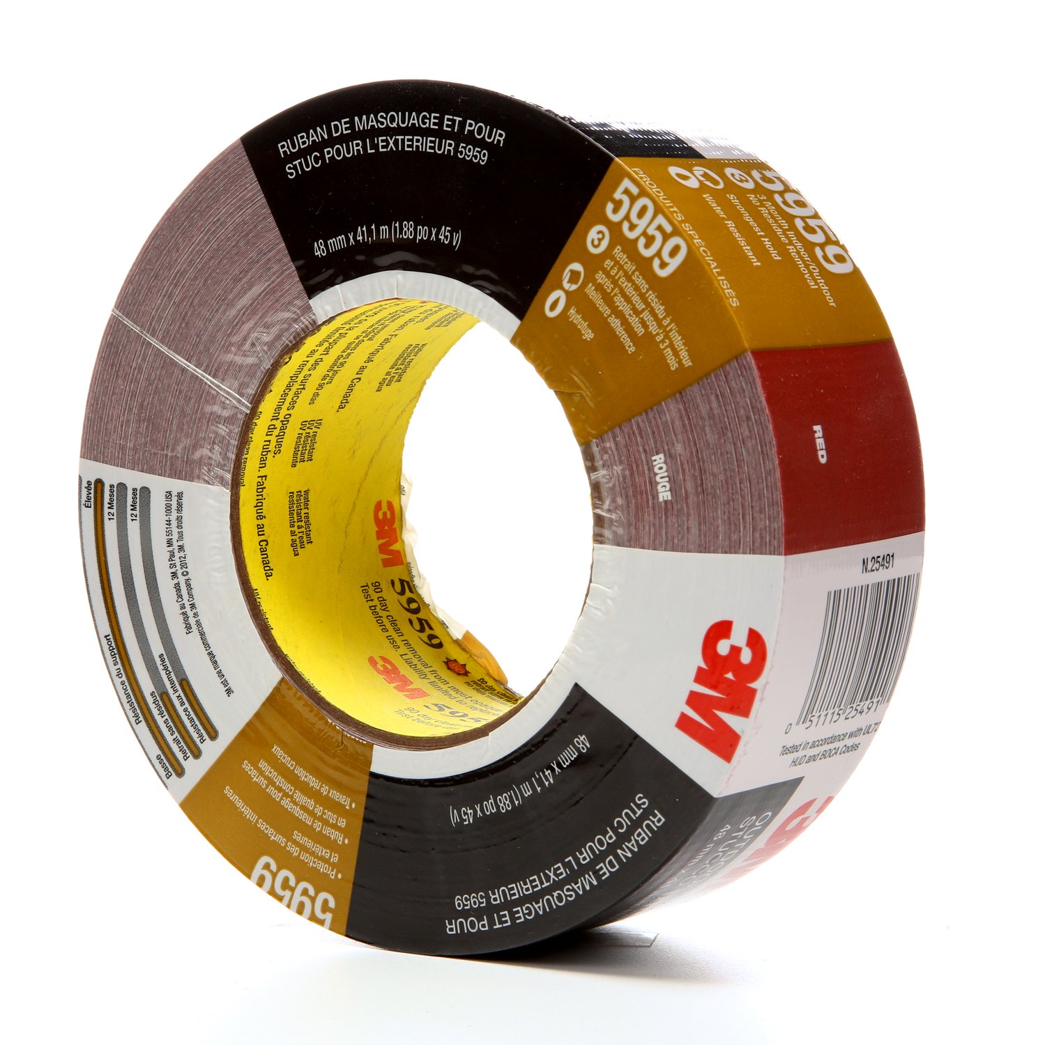 7000124742 - 3M Outdoor Masking and Stucco Tape 5959, Red, 48 mm x 41.1 m, 12.0 mil, 12 Roll/Case, Conveniently Packaged