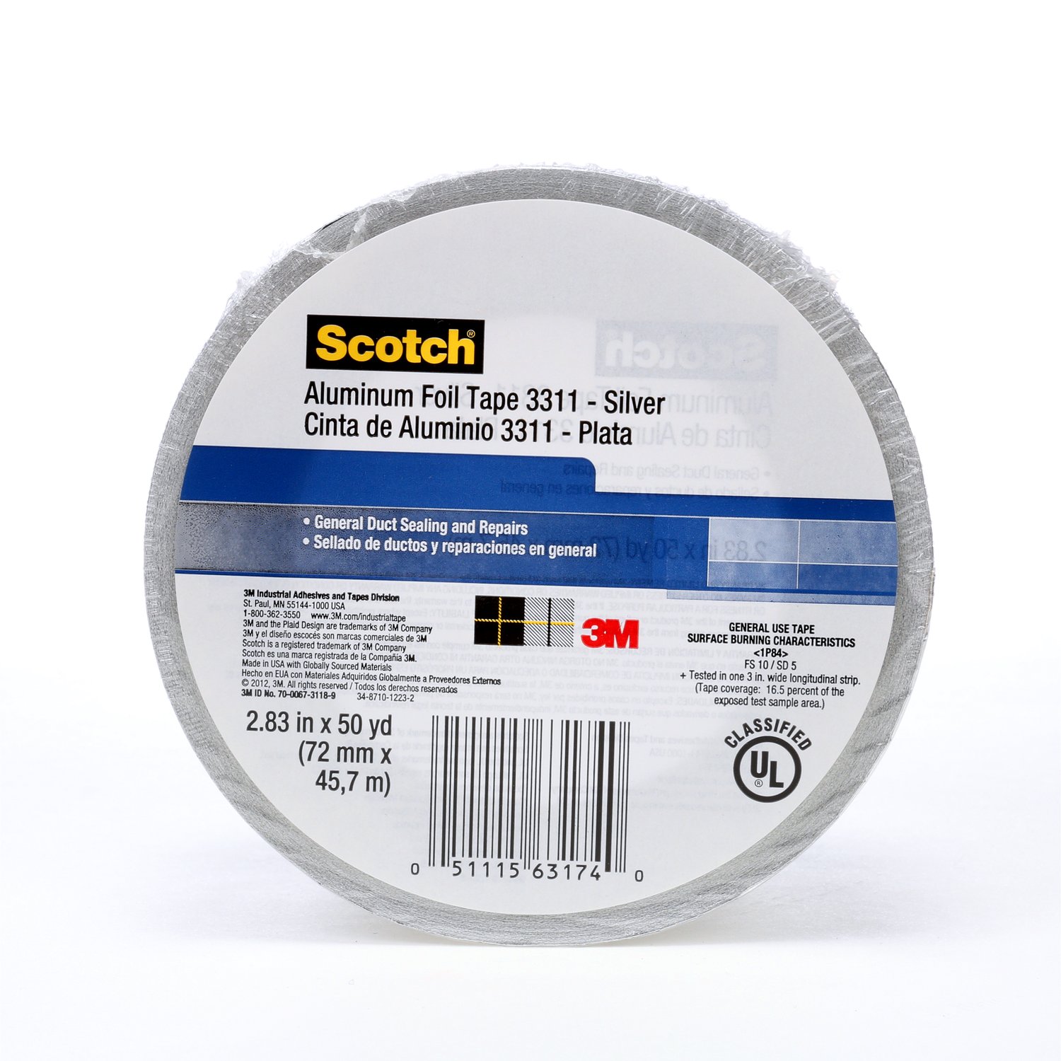 7010313061 - Scotch Foil Tape 3311, Silver, 2.83 in x 50 yd, 3.6 mil, 6 Rolls/Case