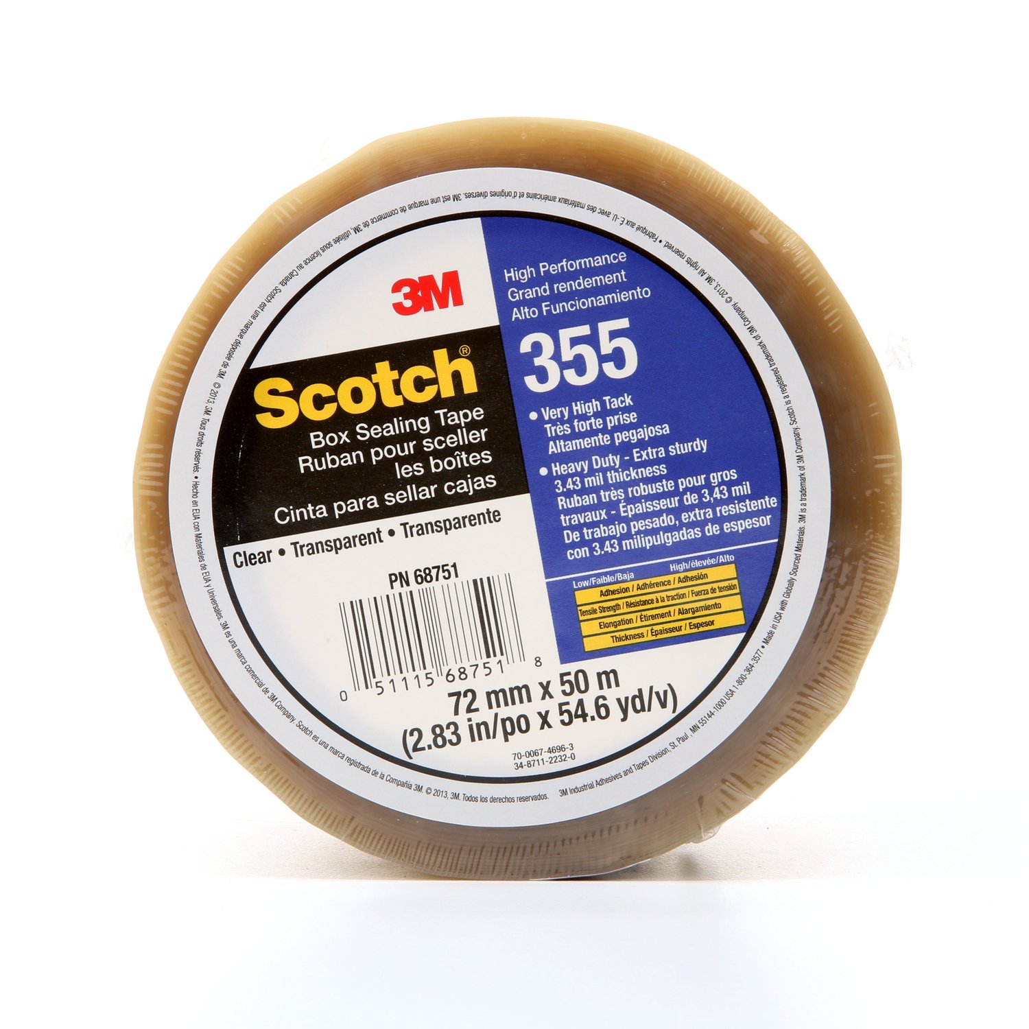 7010374956 - Scotch Box Sealing Tape 355, Clear, 72 mm x 50 m, 24/Case, Individually Wrapped Conveniently Packaged