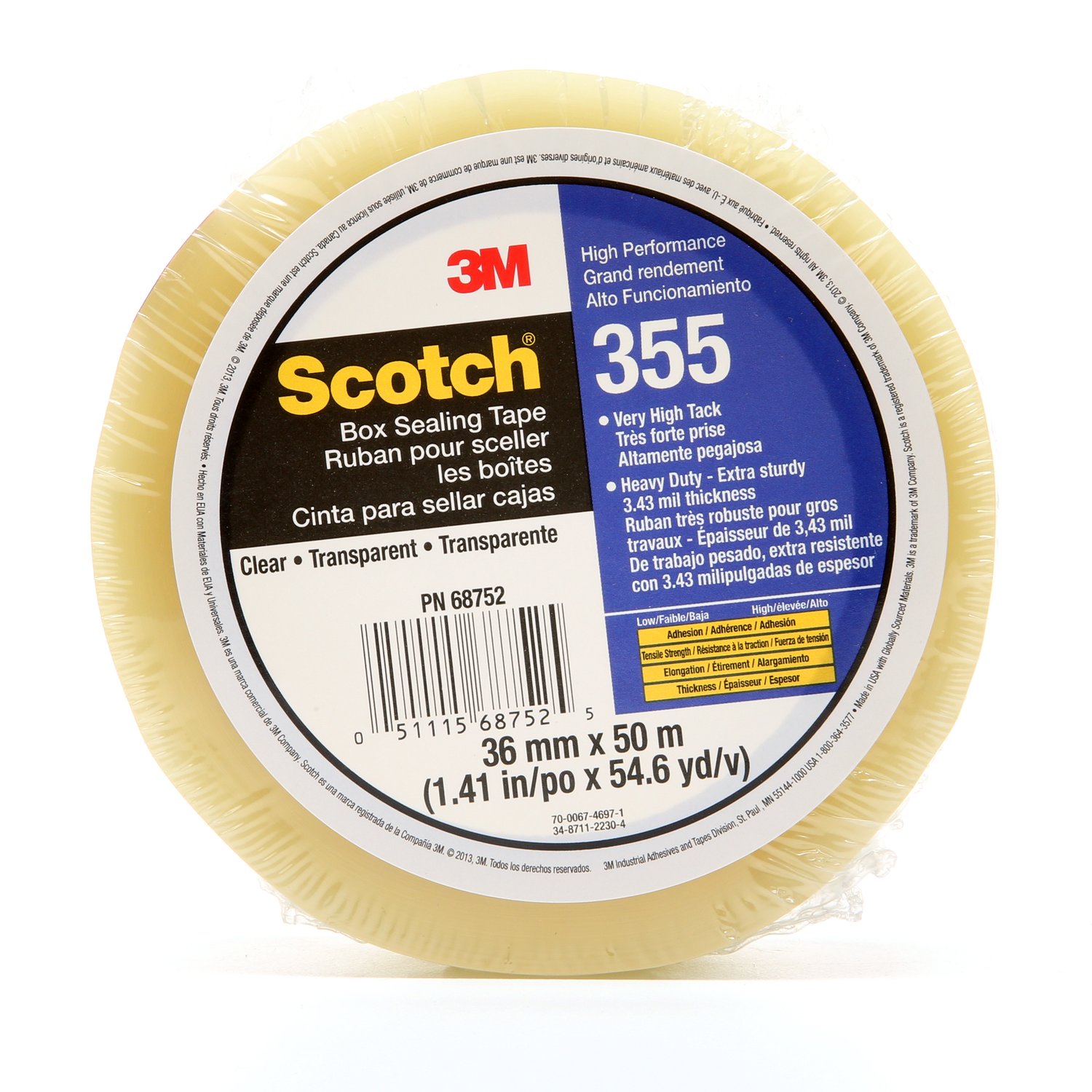 7010335779 - Scotch Box Sealing Tape 355, Clear, 36mm x 50m, 48/Case, Individually Wrapped Conveniently Packaged
