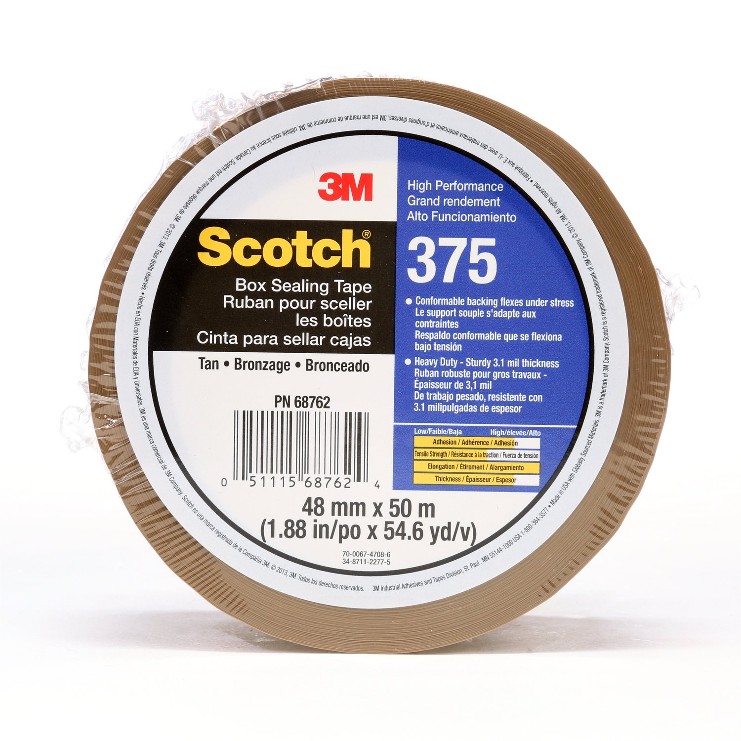 7010374960 - Scotch Box Sealing Tape 375, Tan, 48 mm x 50 m, 36/Case, Individually Wrapped Conveniently Packaged