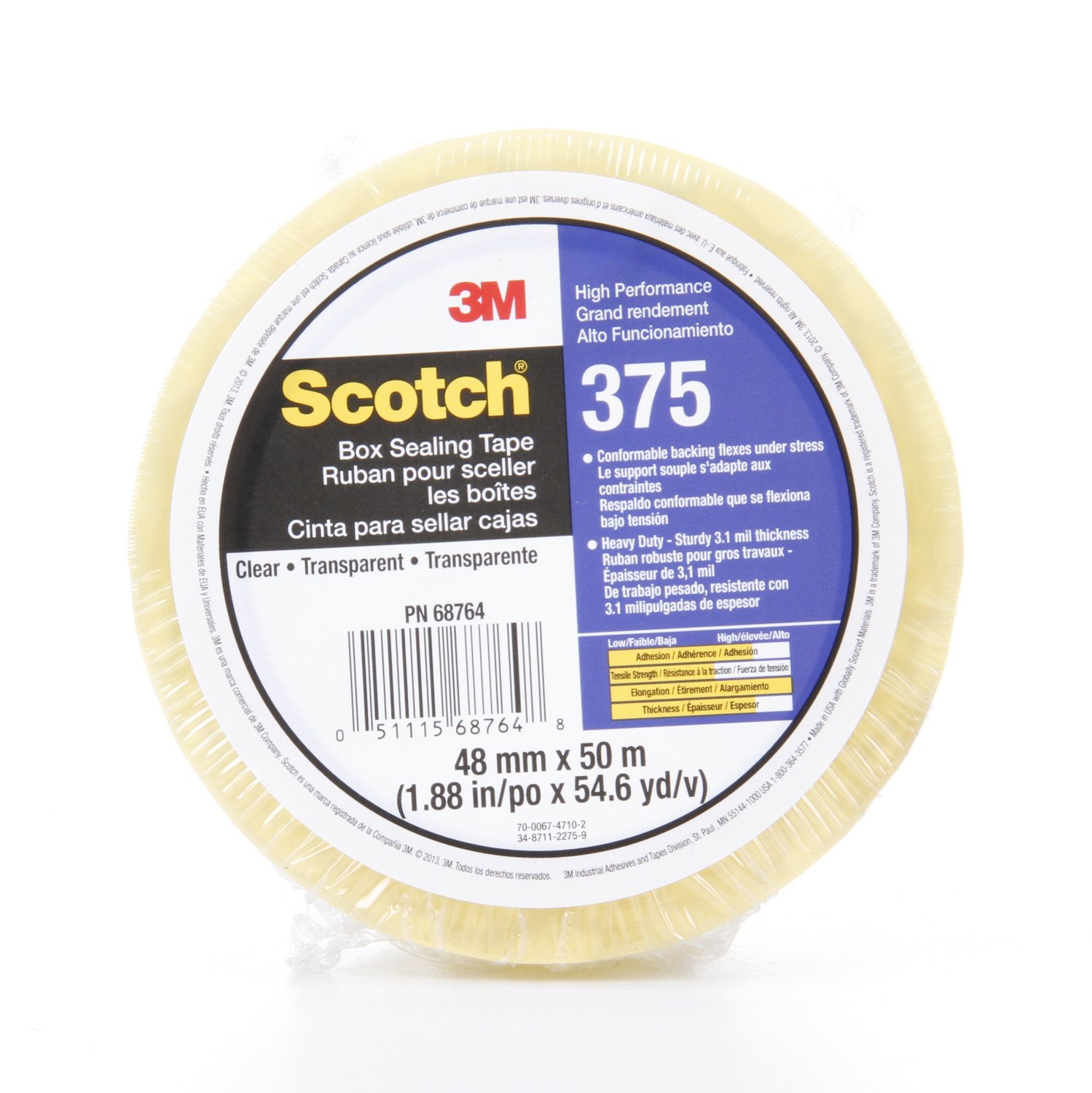 7010295456 - Scotch Box Sealing Tape 375, Clear, 48 mm x 50 m, 36/Case, Individually Wrapped Conveniently Packaged