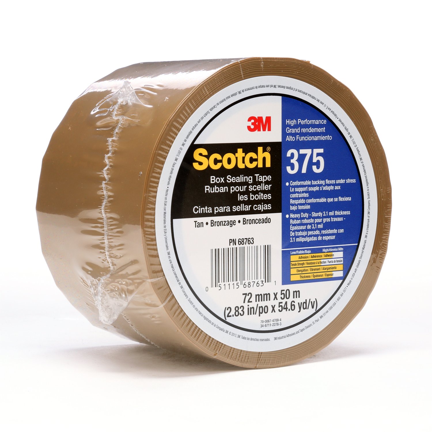 7010335881 - Scotch Box Sealing Tape 375, Tan, 72 mm x 50 m, 24/Case, Individually Wrapped Conveniently Packaged