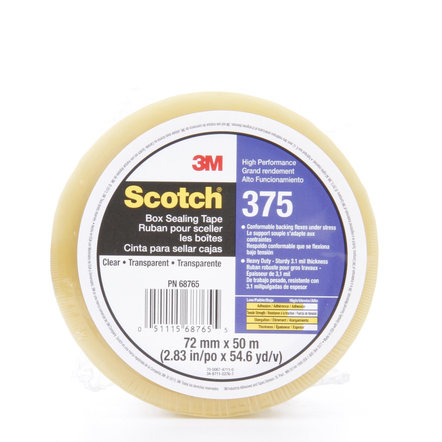 7010374961 - Scotch Box Sealing Tape 375, Clear, 72 mm x 50 m, 24/Case, Individually Wrapped Conveniently Packaged