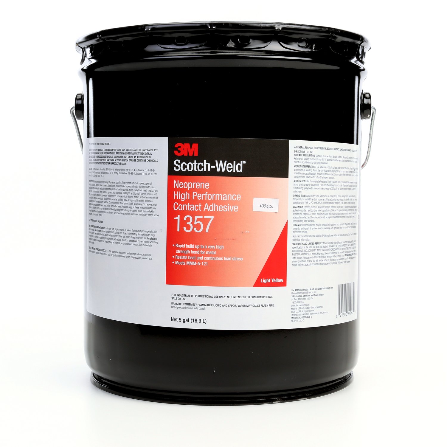 7000121206 - 3M Neoprene High Performance Contact Adhesive 1357, Light Yellow, 5 Gallon Pour Spout (Pail), 1 Can/Drum