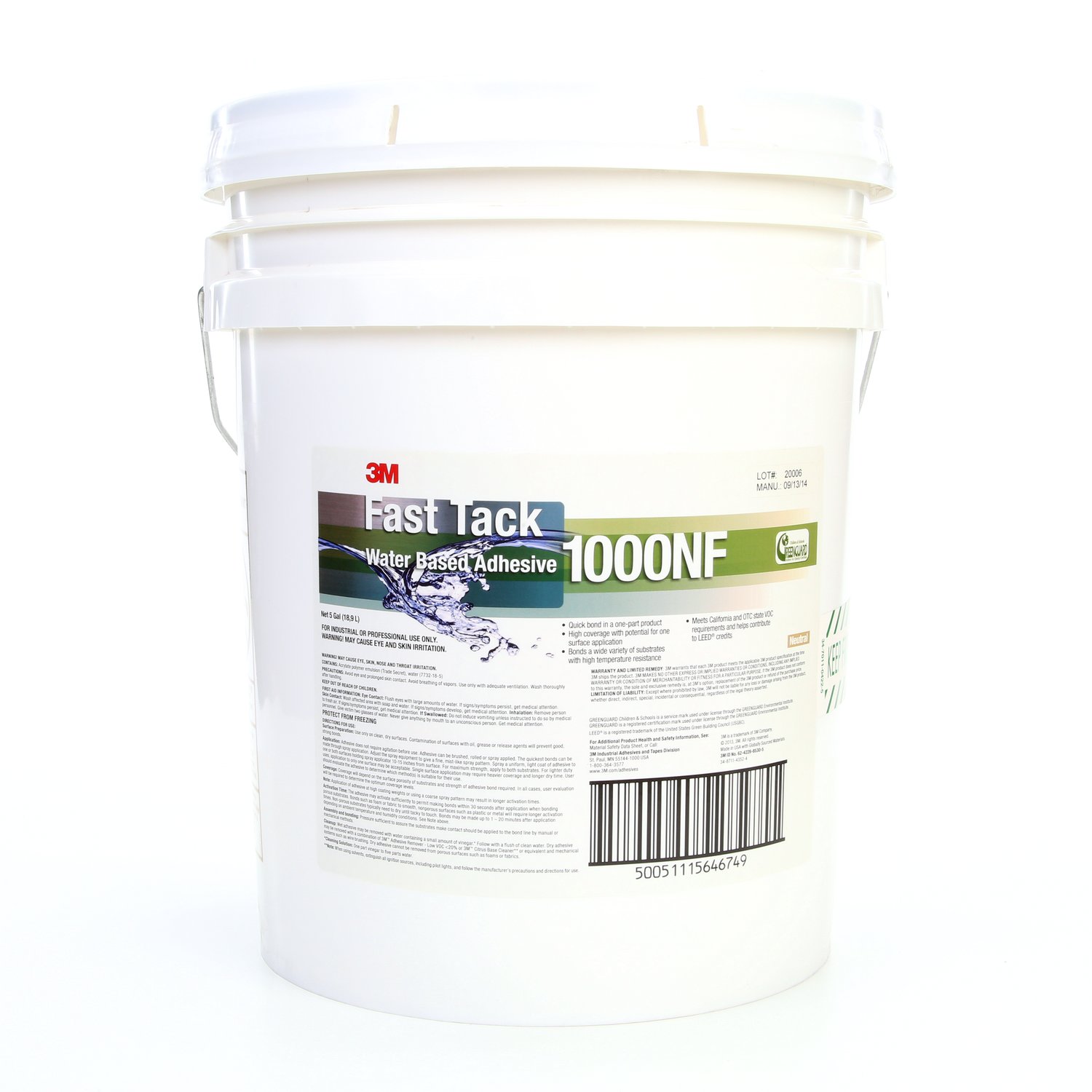 7100025154 - 3M Fast Tack Water Based Adhesive 1000NF, Neutral, 5 Gallon, (Pail) 1
Can/Drum