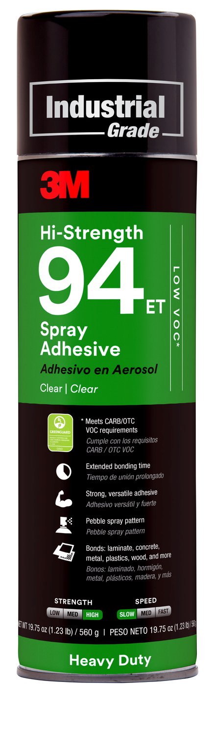 7000121417 - 3M Hi-Strength Spray Adhesive 94 ET, Low VOC <20%, Clear, 24 fl oz Can
(Net Wt 19.8 oz), 12/Case