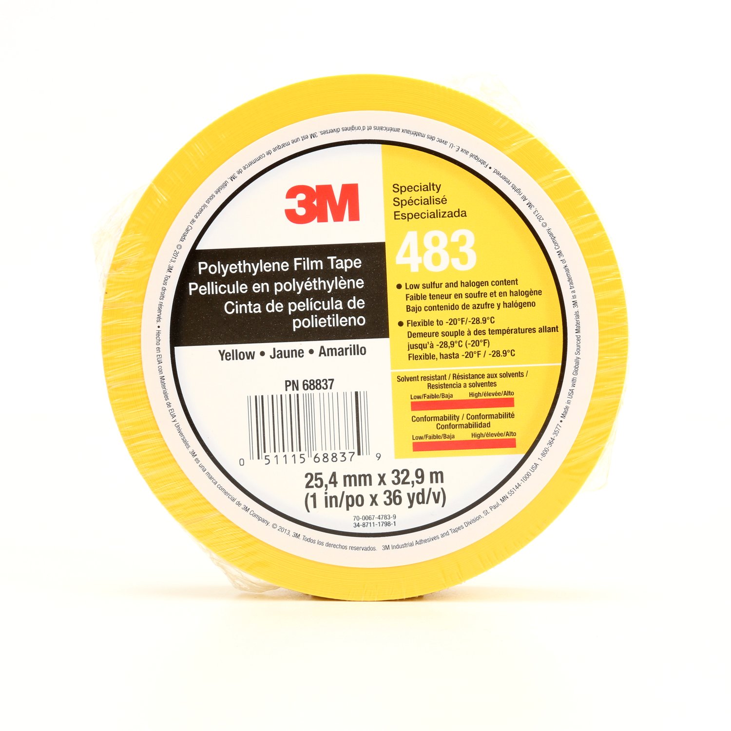 7010302434 - 3M Polyethylene Tape 483, Yellow, 1 in x 36 yd, 5.0 mil, 36 rolls per
case, Individually Wrapped Conveniently Packaged
