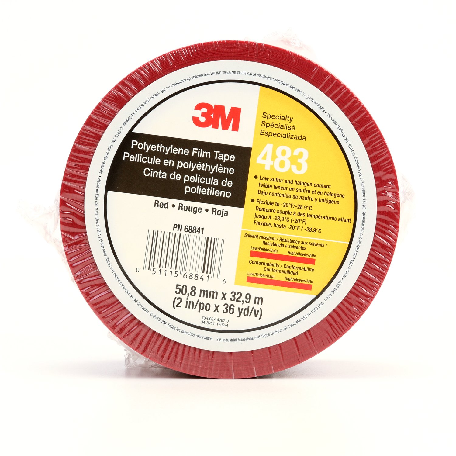 7010375084 - 3M Polyethylene Tape 483, Red, 2 in x 36 yd, 5.0 mil, 24 rolls per
case, Individually Wrapped Conveniently Packaged
