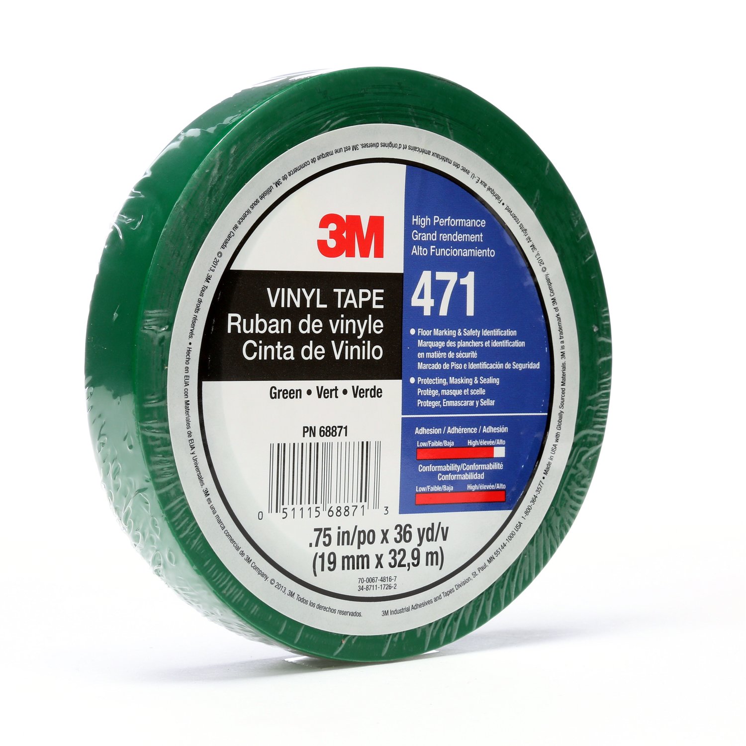 7100044648 - 3M Vinyl Tape 471, Green, 1 in x 36 yd, 5.2 mil, 36 Roll/Case, Individually Wrapped Conveniently Packaged