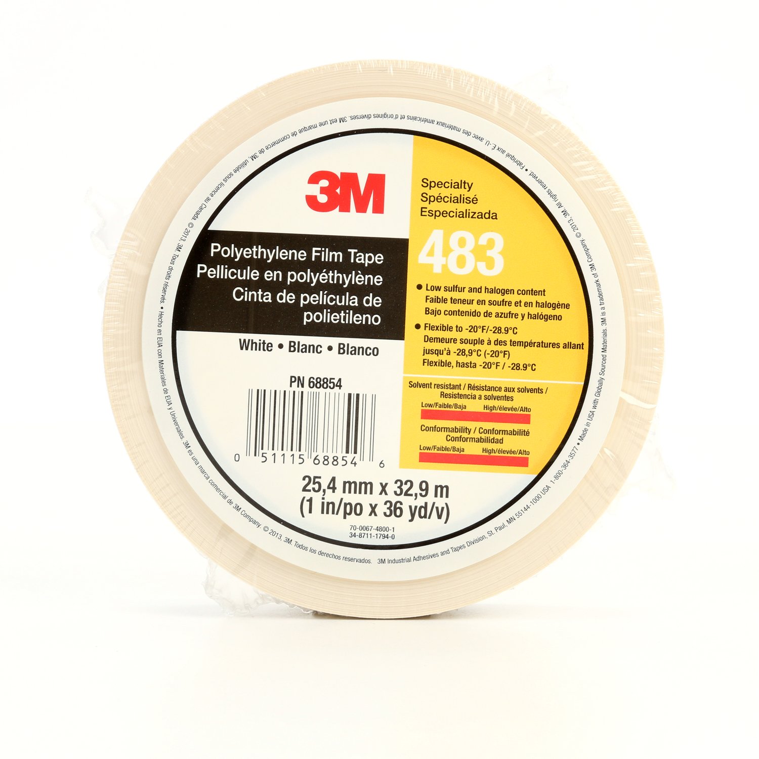 7010302435 - 3M Polyethylene Tape 483, White, 1 in x 36 yd, 5.0 mil, 36 Roll/Case, Individually Wrapped Conveniently Packaged