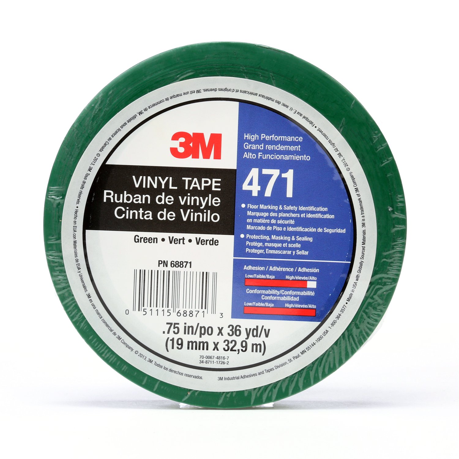 7010302436 - 3M Vinyl Tape 471, Green, 3/4 in x 36 yd, 5.2 mil, 48 Roll/Case, Individually Wrapped Conveniently Packaged