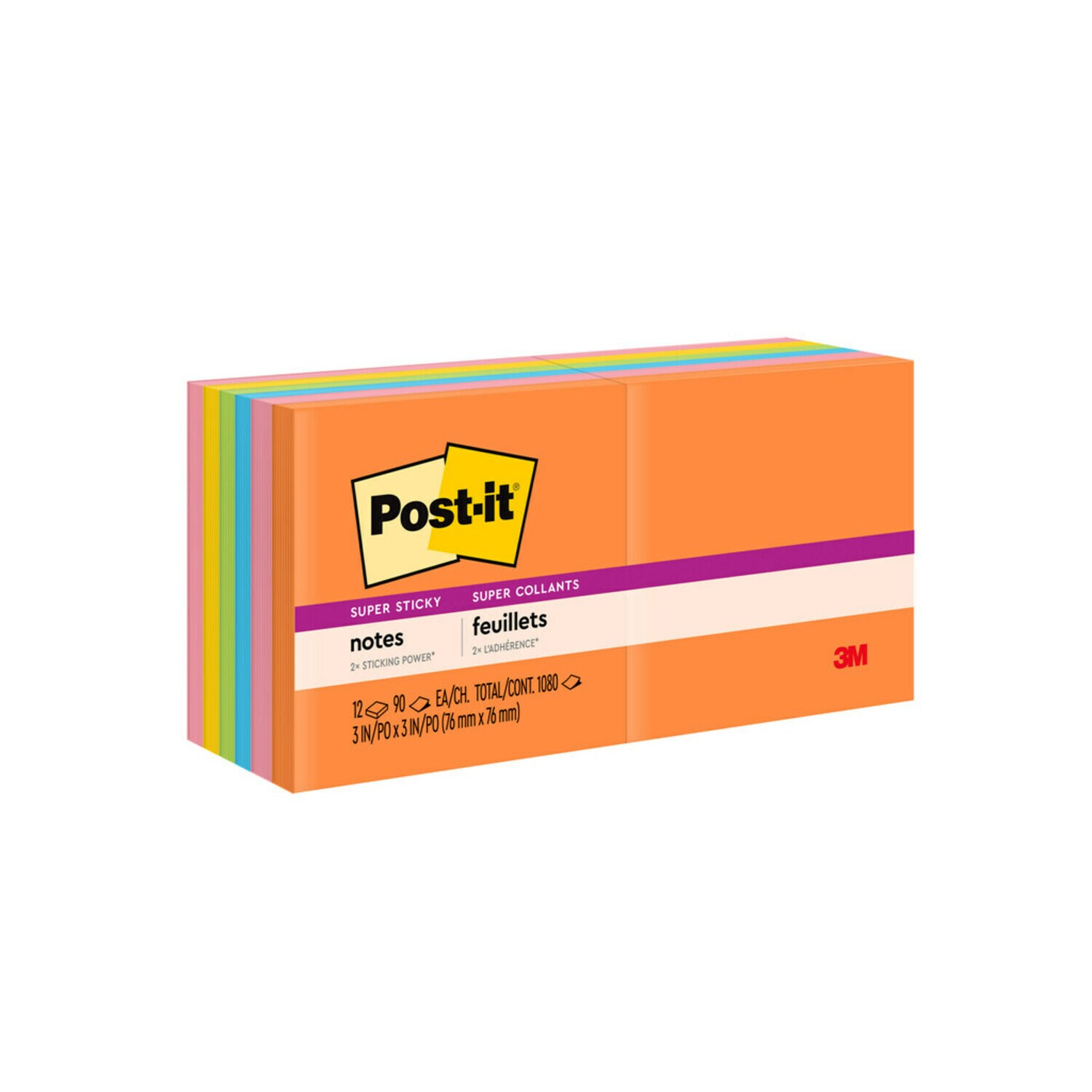 7010372289 - Post-it Super Sticky Notes 654-12SSUC, Neon Fizz, 3 in x3 in (76 mm x 76 mm), 90 sheet, 100% PEFC, SGSCH-PEFC-COC-110078