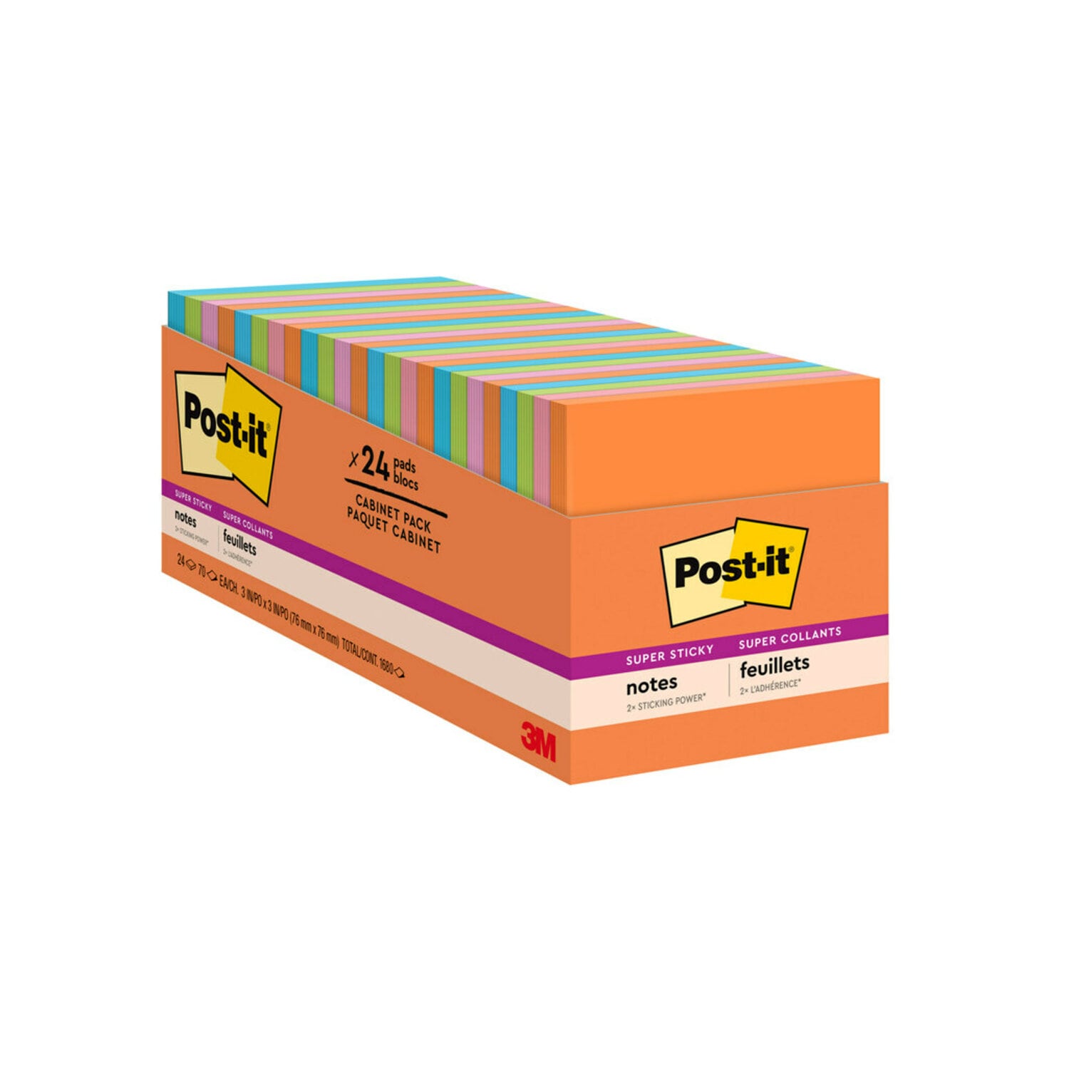 7100083624 - Post-it Super Sticky Notes 654-24SSAU-CP, 3inx3in (76 mm x 76 mm) 70 sheets, Neon Fizz,100% PEFC, SGSCH-PEFC-COC-110078
