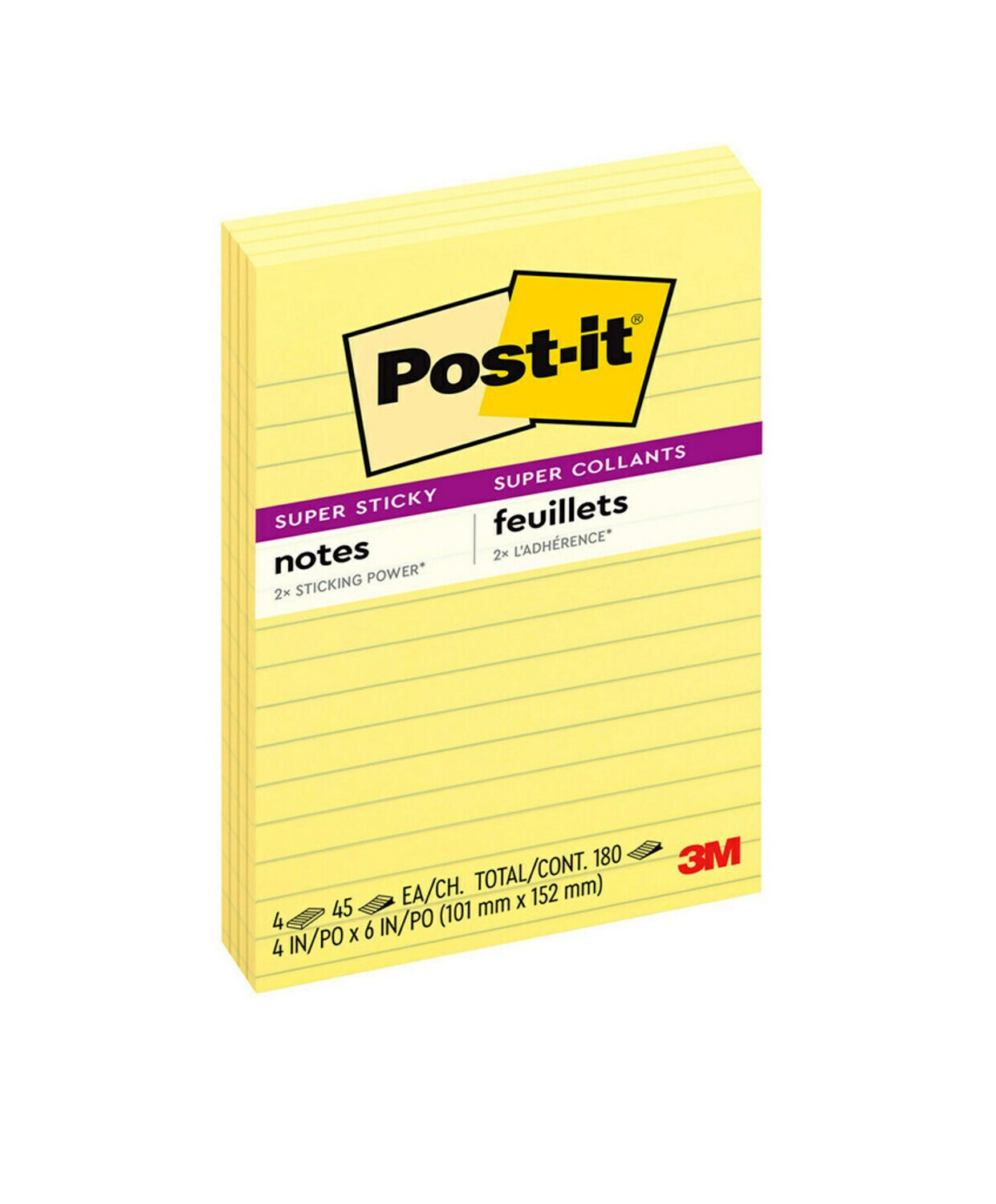 7010384776 - Post-it Super Sticky Notes 4621-SSCY, 4 in x 6 in Canary Yellow Lined, 4 pk 45 sh/pad, 100% PEFC, SGSCH-PEFC-COC-110078