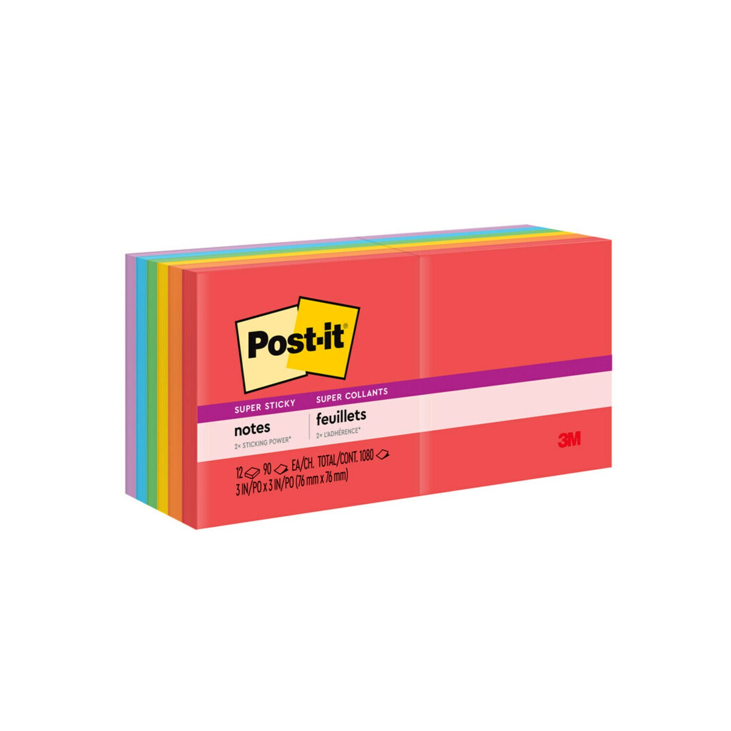 7010372274 - Post-it Super Sticky Notes 654-12SSAN, Payful Primaries, 3 in x 3 in (76 mm x 76 mm), 100% PEFC, SGSCH-PEFC-COC-110078
