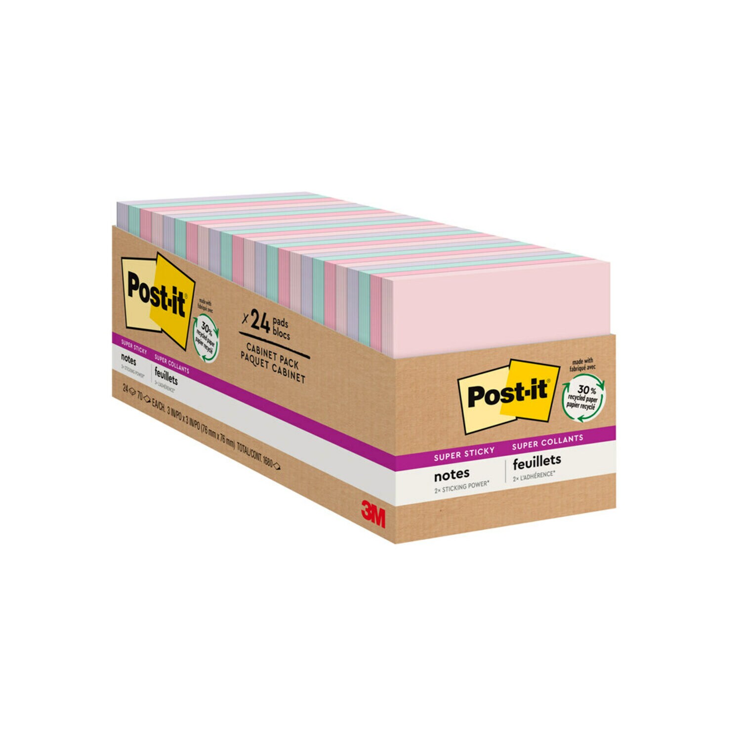 7100063859 - Post-it Super Sticky Recycled Notes 654-24NH-CP, 3 in x 3 in (76 mm x 76 mm), Wanderlust Pastels Collection