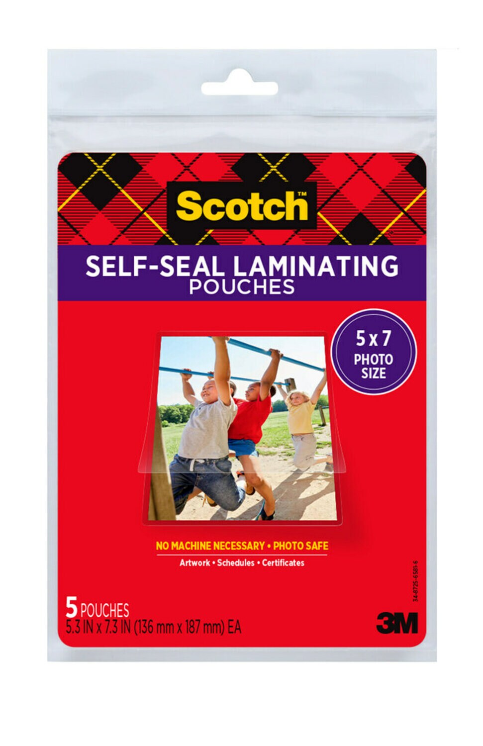 7100240584 - PL905-SR Scotch  Self-Sealing Laminating Pouches, 5.3 in x 7.3 in (136 mm x 187 mm) Gloss Finish 5 x 7