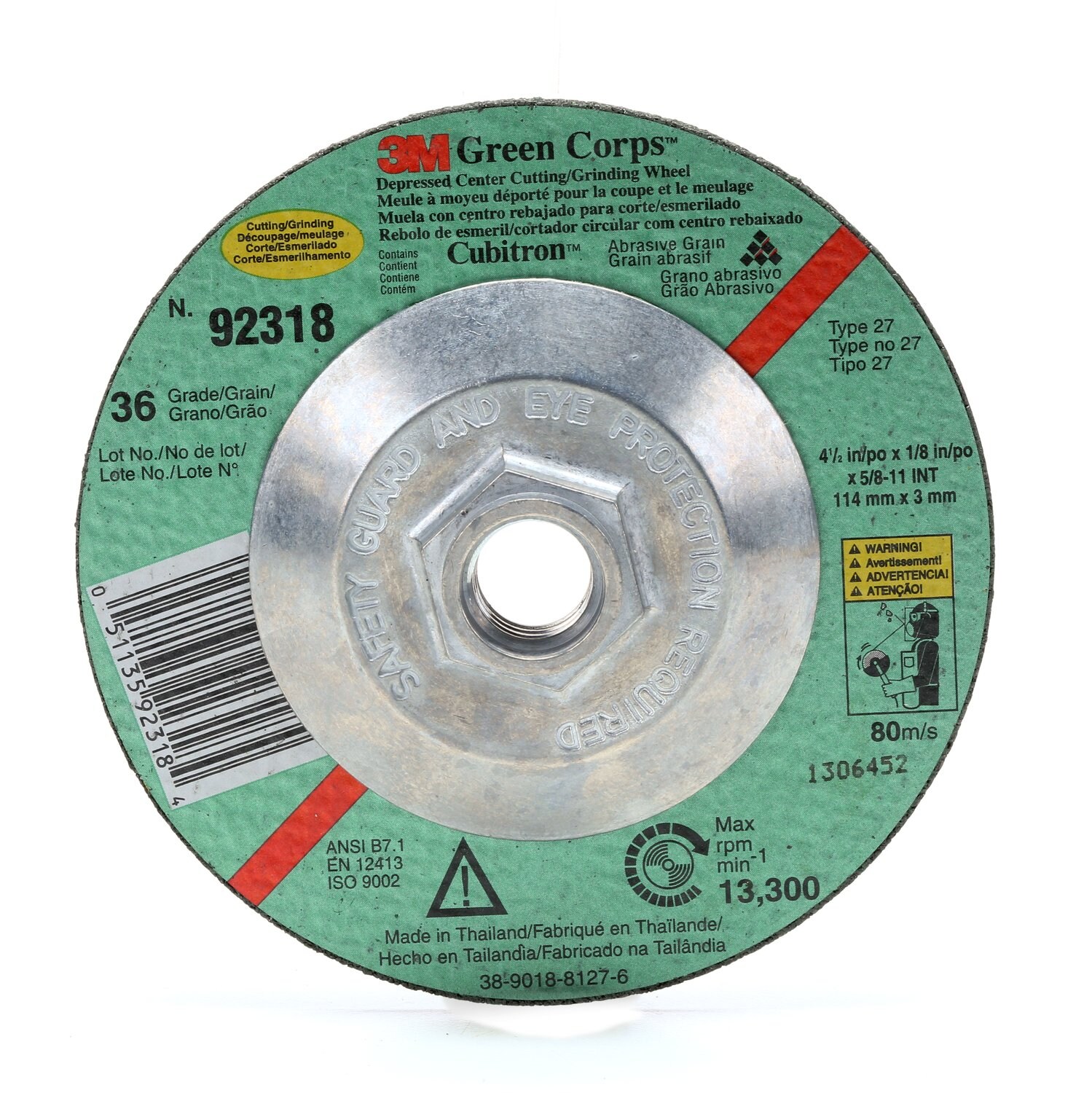7000118489 - 3M Green Corps Cutting/Grinding Wheel, T27, 7 in x 1/8 in x 7/8, 36,
20 ea/Case