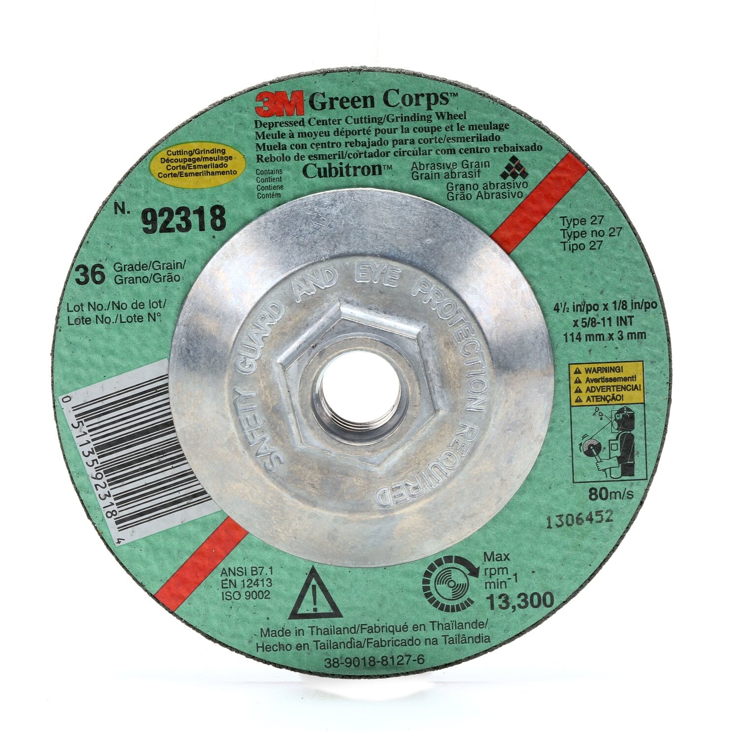 7000118488 - 3M Green Corps Cutting/Grinding Wheel, T27, 4-1/2 in x 1/8 in x 7/8 in, 36, 20/Carton, 40 ea/Case