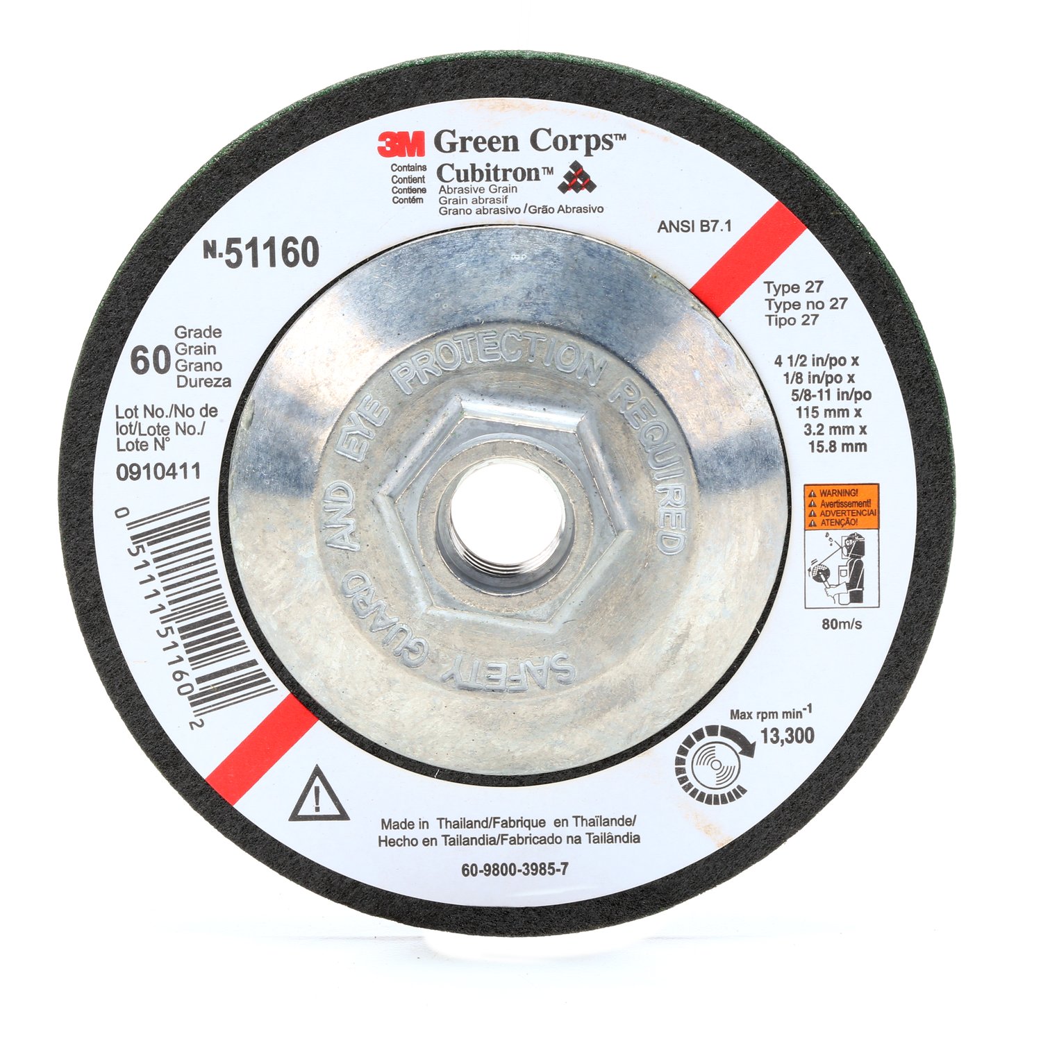 7000118597 - 3M Green Corps Flexible Grinding Wheel, T27, 4-1/2 in x 1/8 in x 5/8 in-11 Internal, 36, 10/Carton, 40 ea/Case